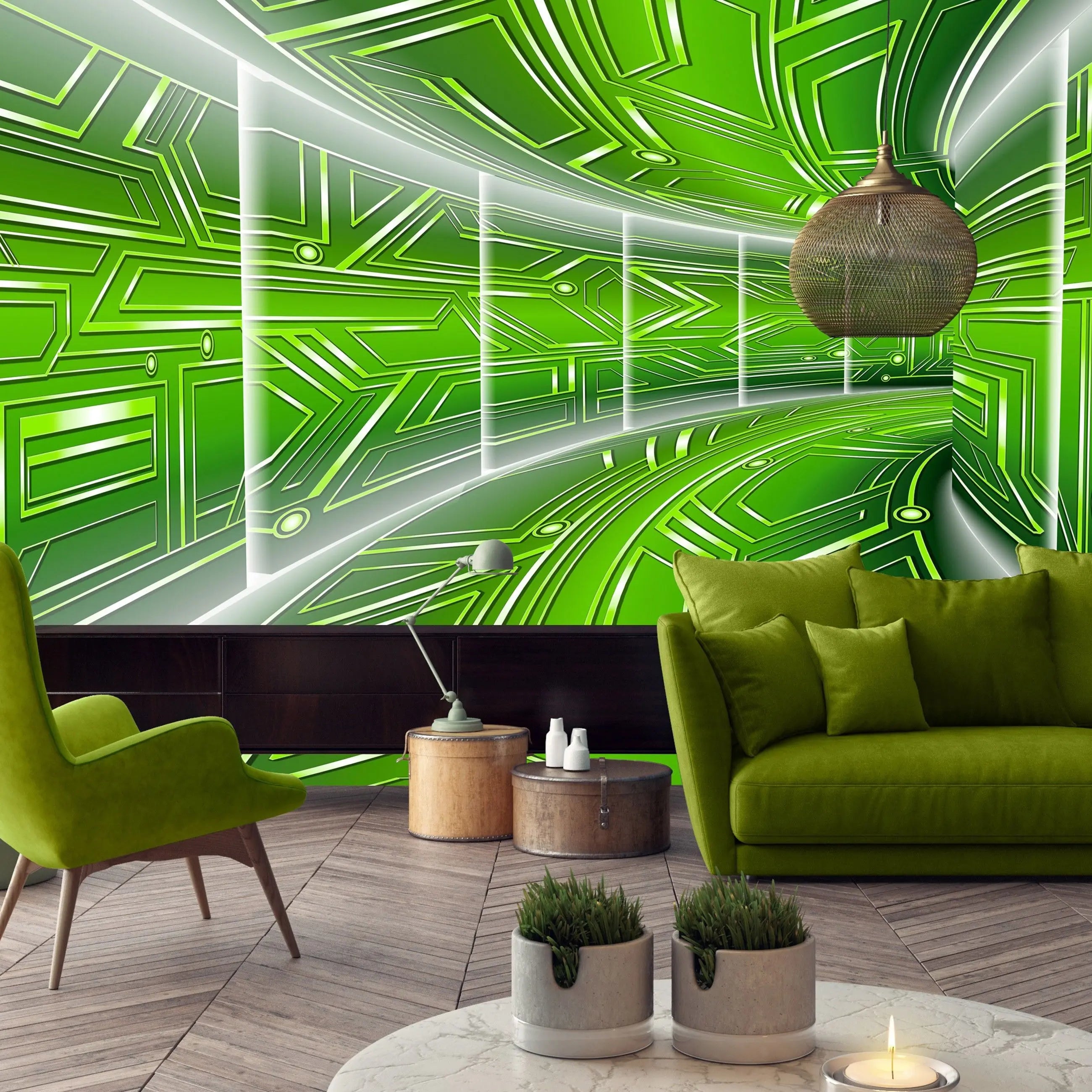 Billede 16 af Fototapet - Grøn futuristisk tunnel med geometriske mønstre