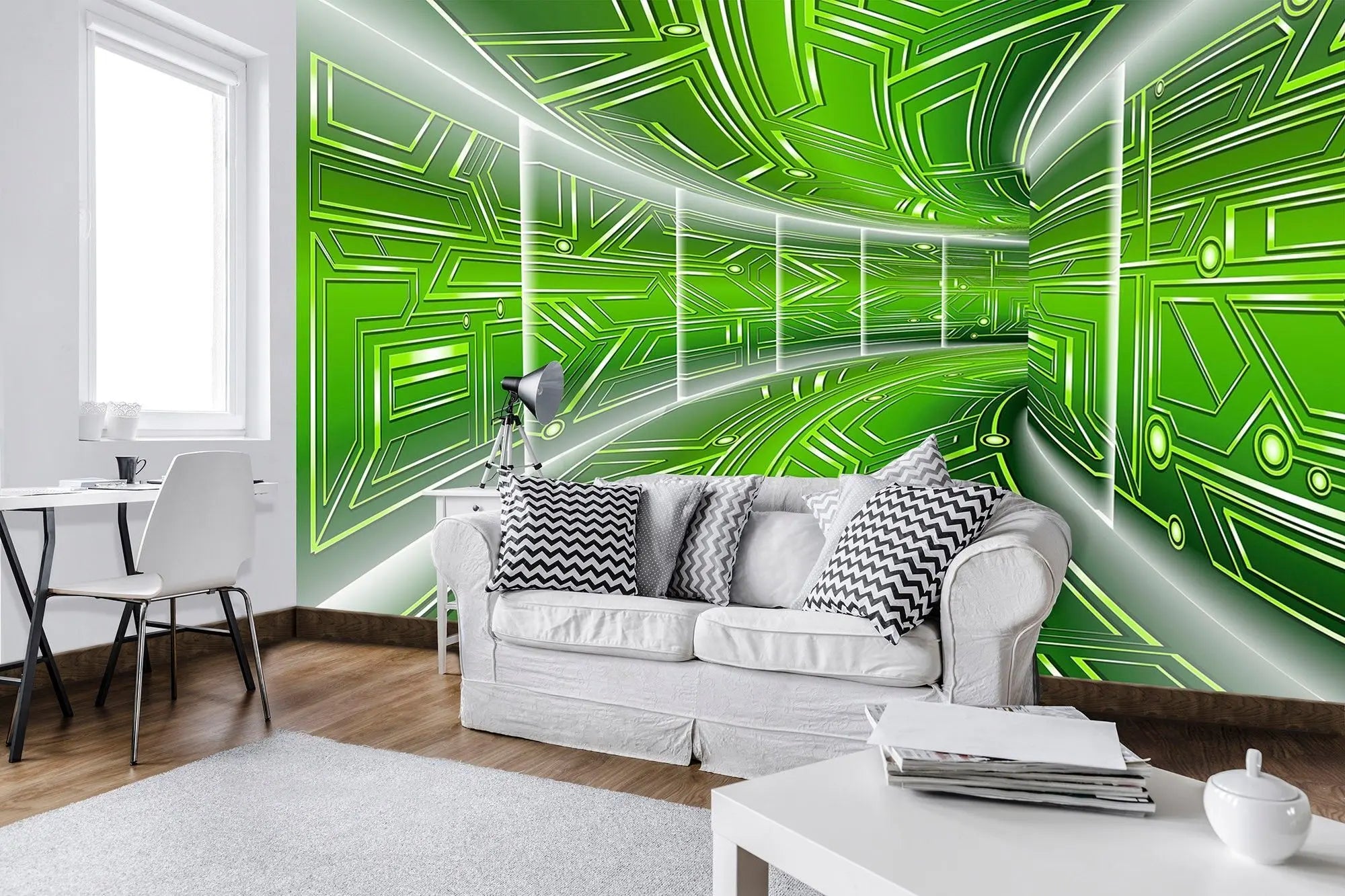 Billede 2 af Fototapet - Grøn futuristisk tunnel med geometriske mønstre