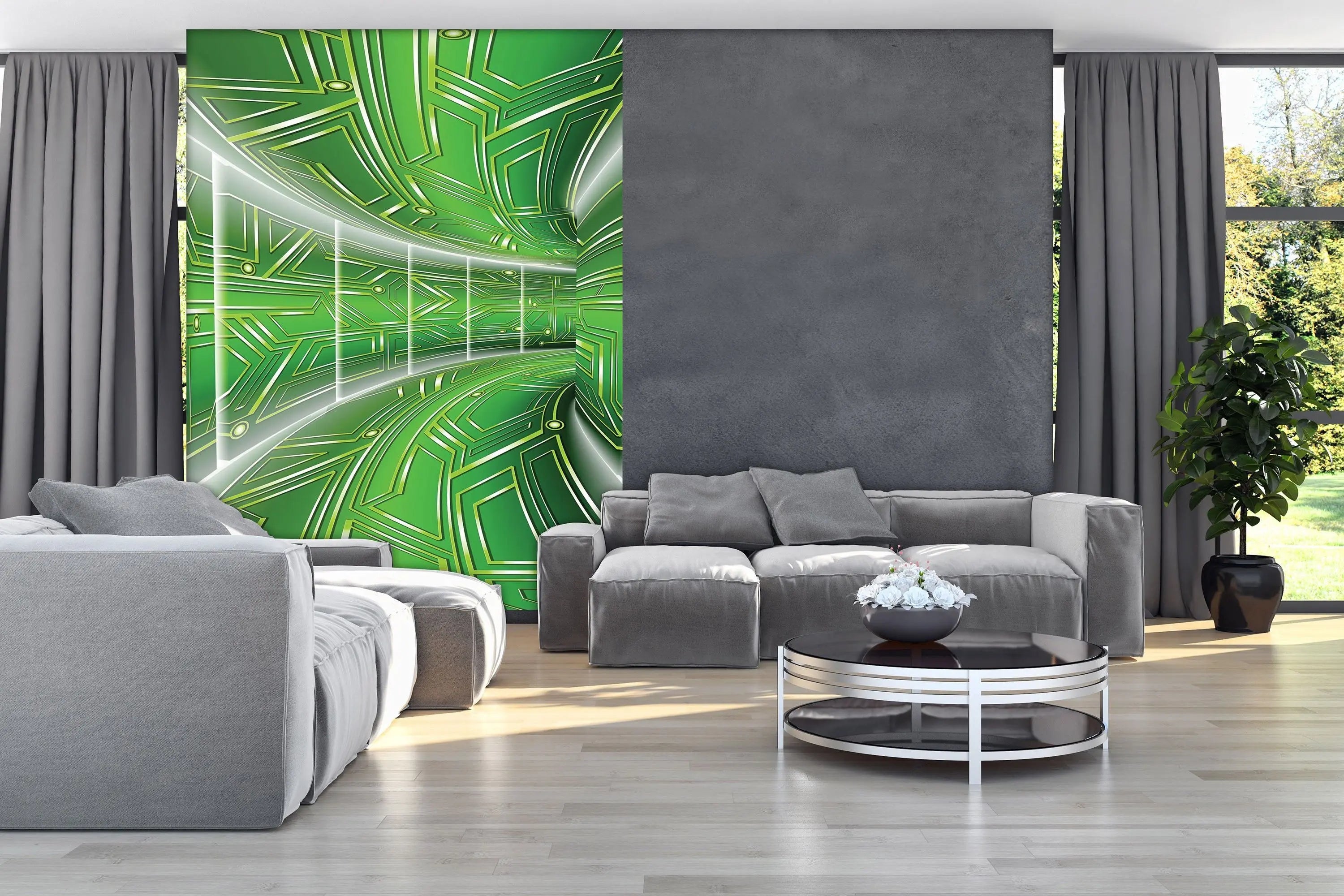 Billede 5 af Fototapet - Grøn futuristisk tunnel med geometriske mønstre