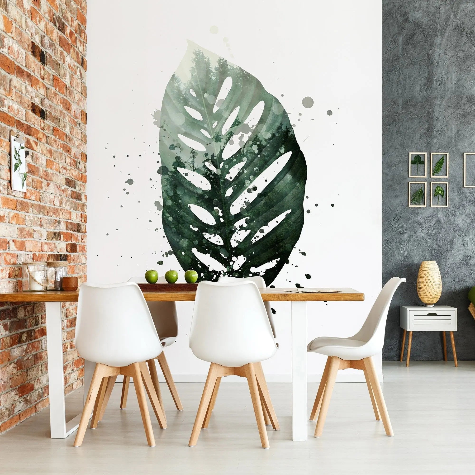 Billede 3 af Fototapet - Grøn monstera-blad med maleriske pletter