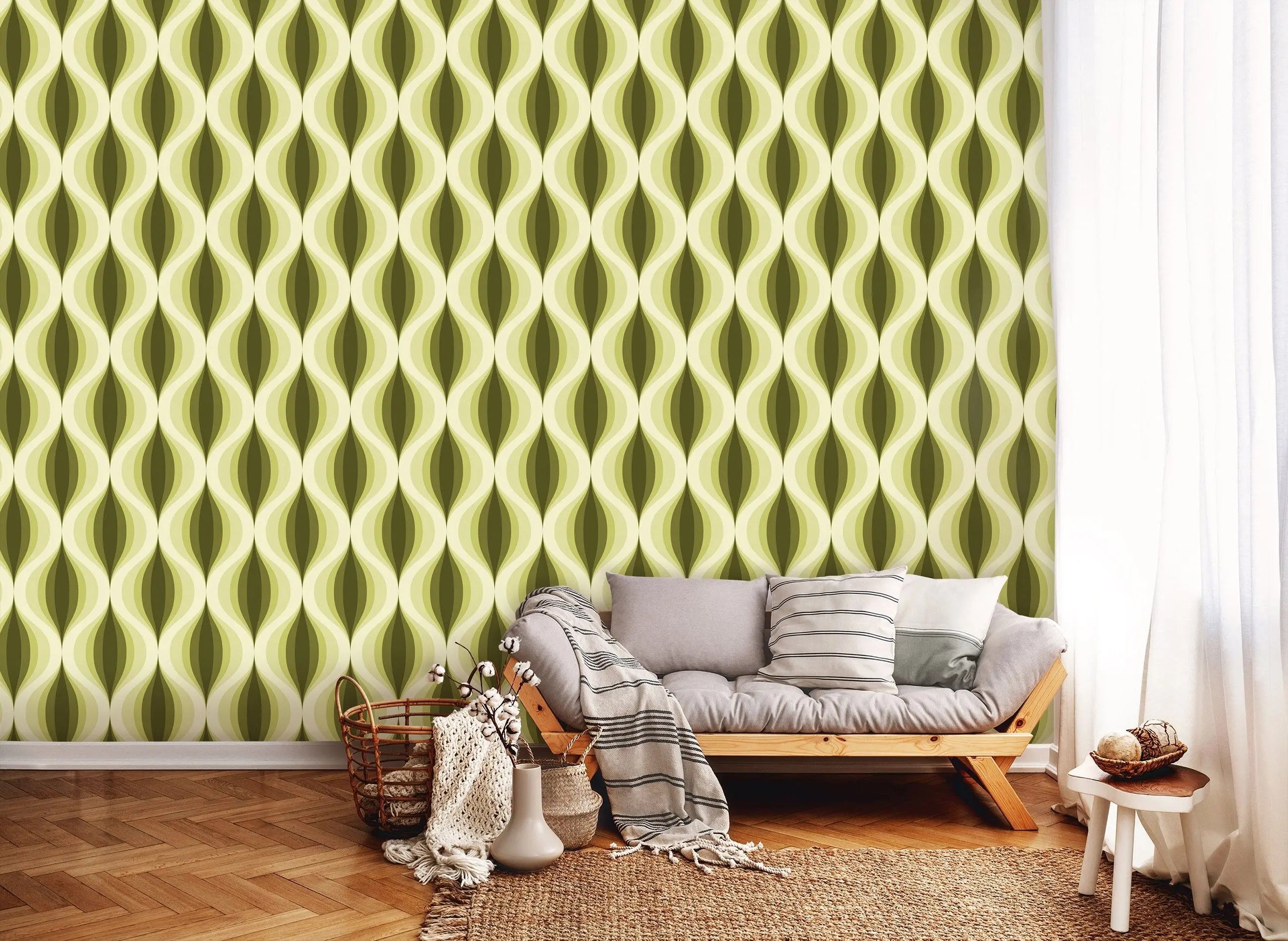 Billede 6 af Fototapet - Grøn og gul bølgeformet geometrisk mønster