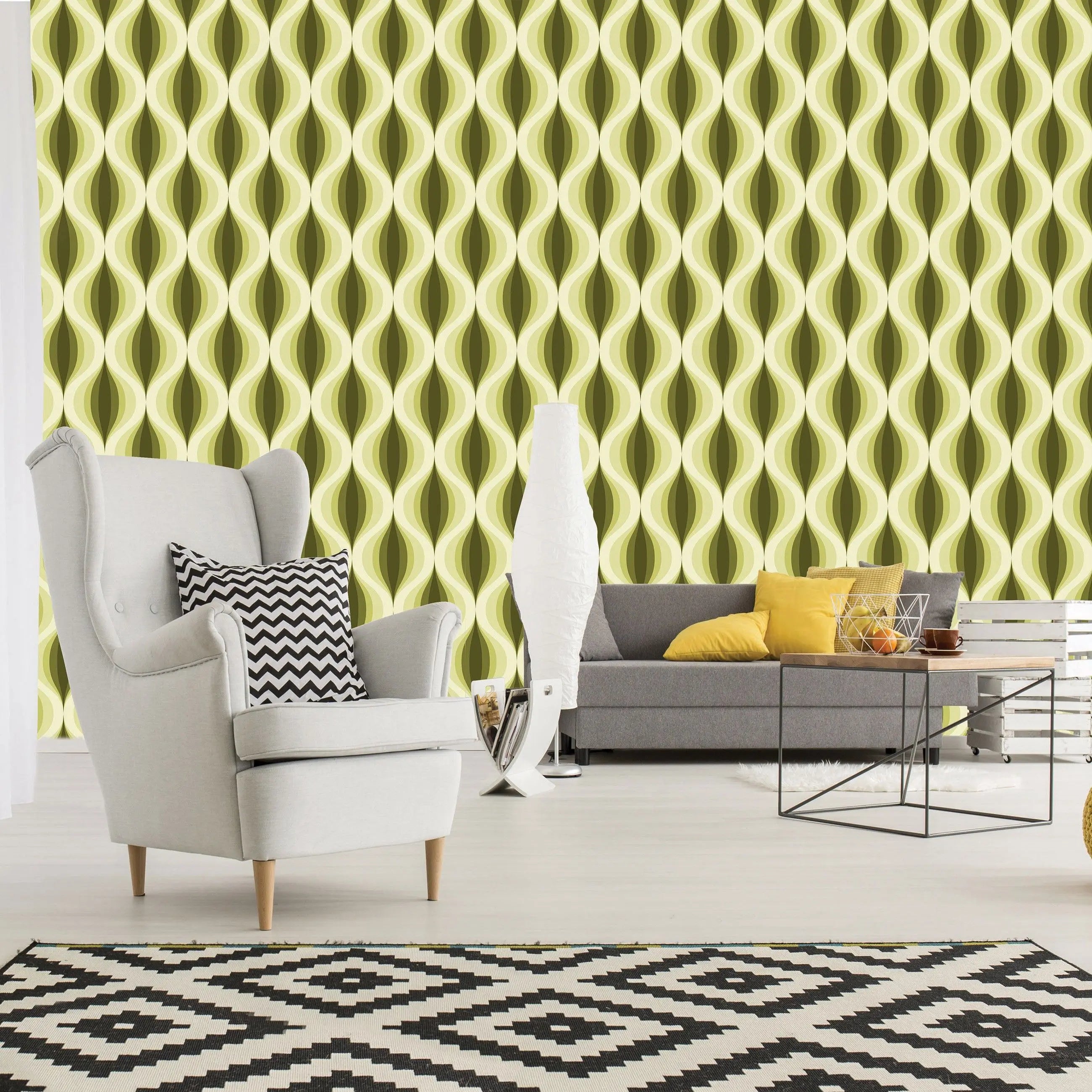 Billede 7 af Fototapet - Grøn og gul bølgeformet geometrisk mønster