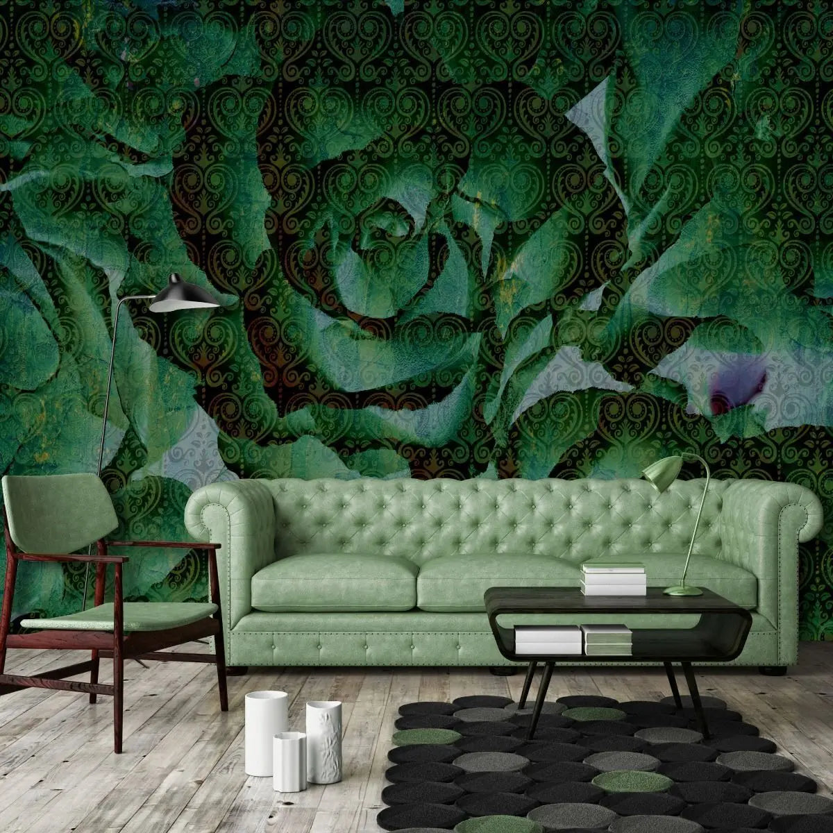 Billede 6 af Fototapet - Grøn rosenkål med sort mønstret overlay