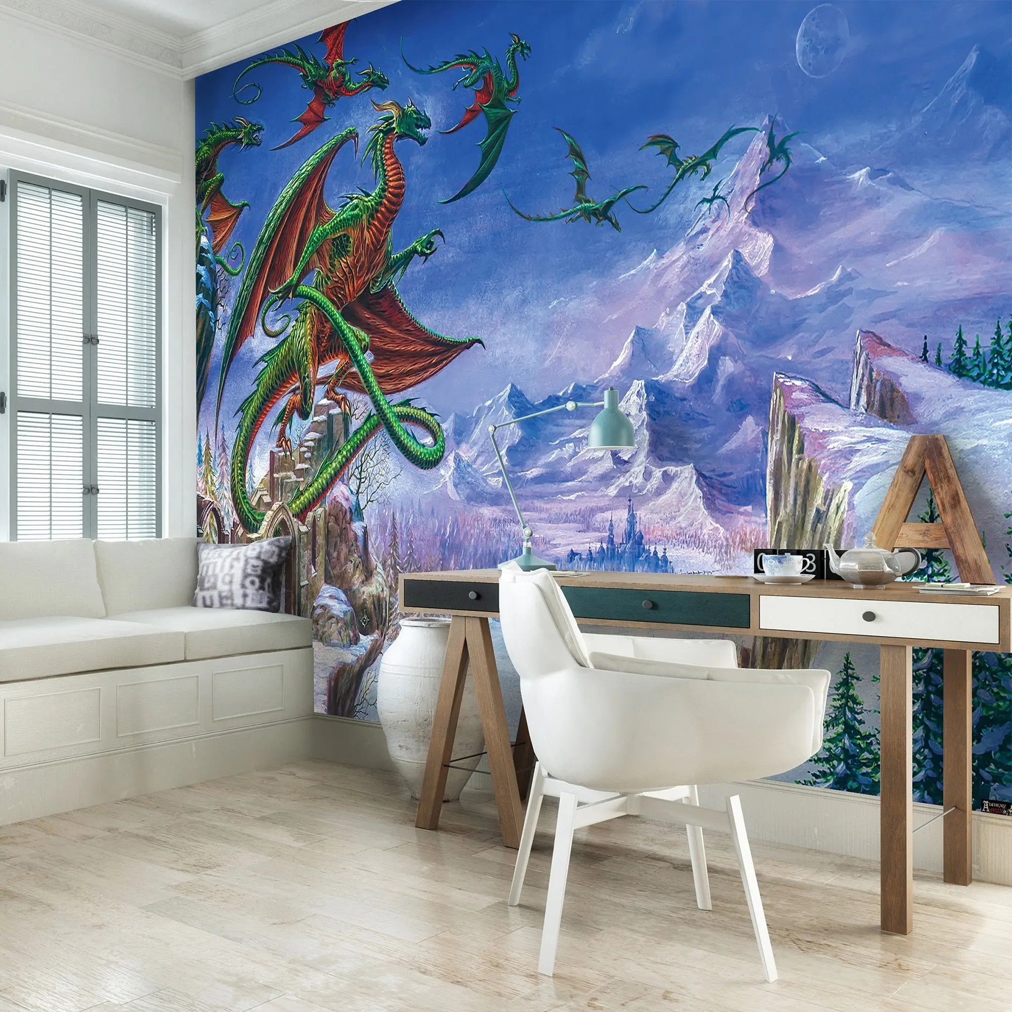Billede 3 af Fototapet - Grønne drager flyver over snedækkede bjerge og ruiner
