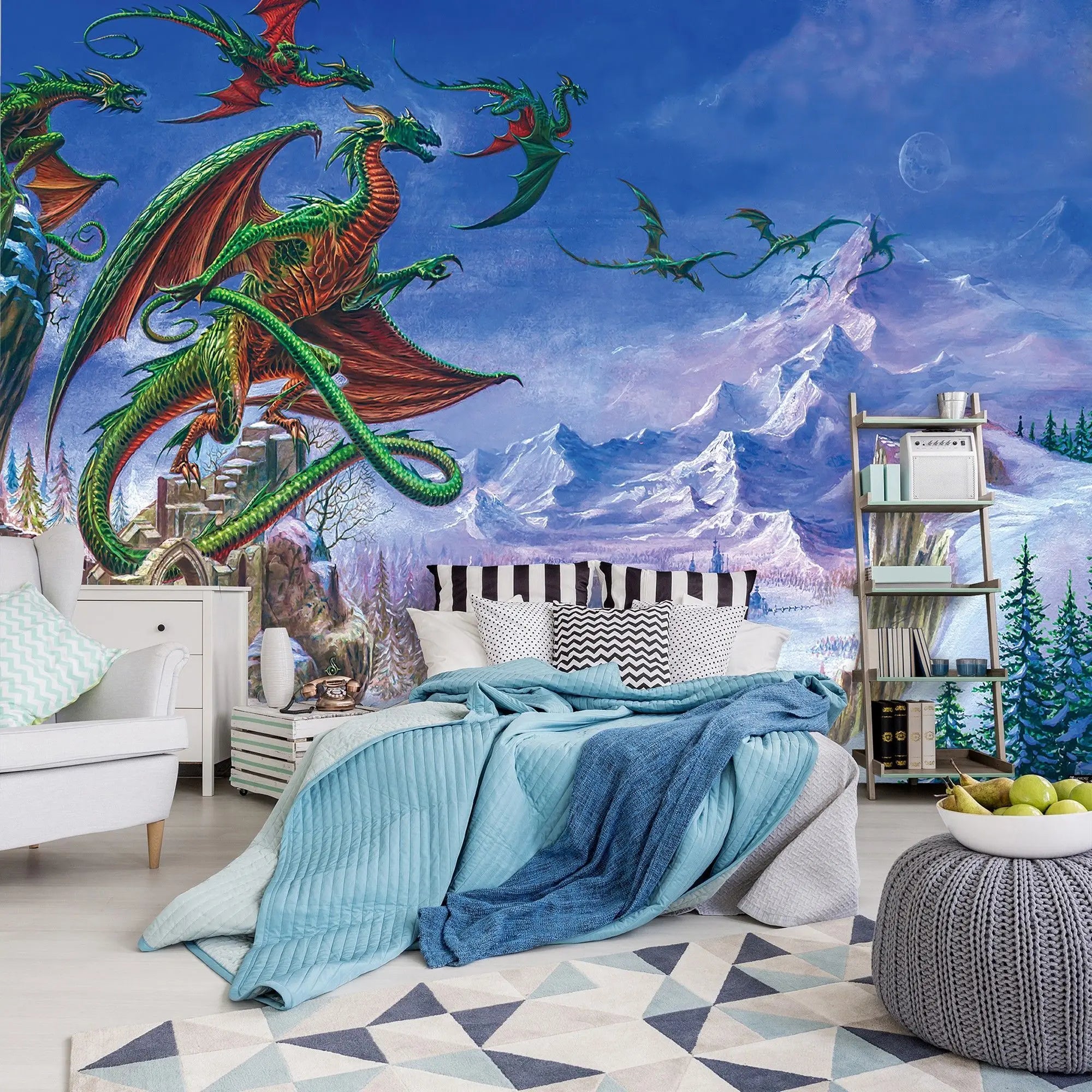 Billede 4 af Fototapet - Grønne drager flyver over snedækkede bjerge og ruiner