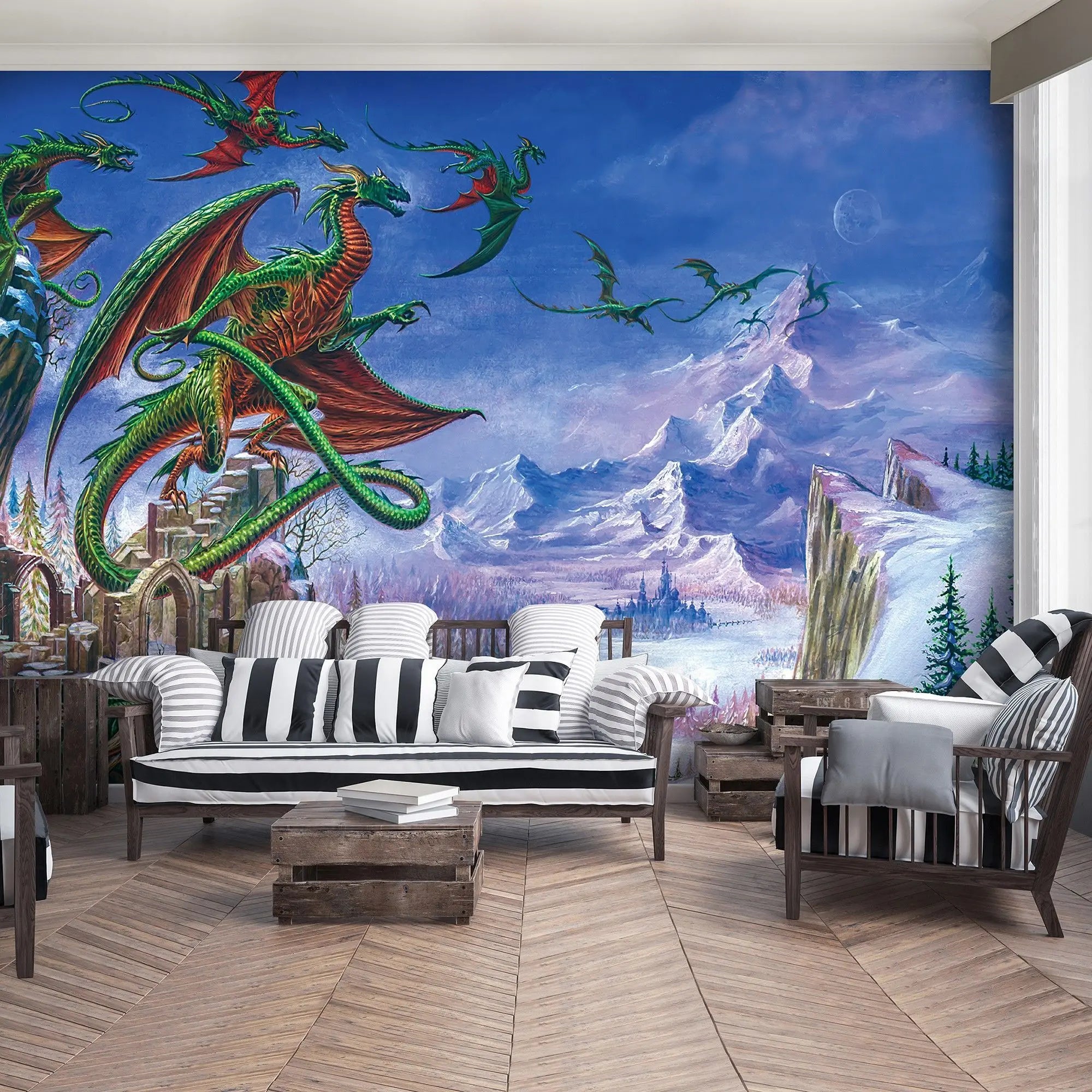 Billede 5 af Fototapet - Grønne drager flyver over snedækkede bjerge og ruiner