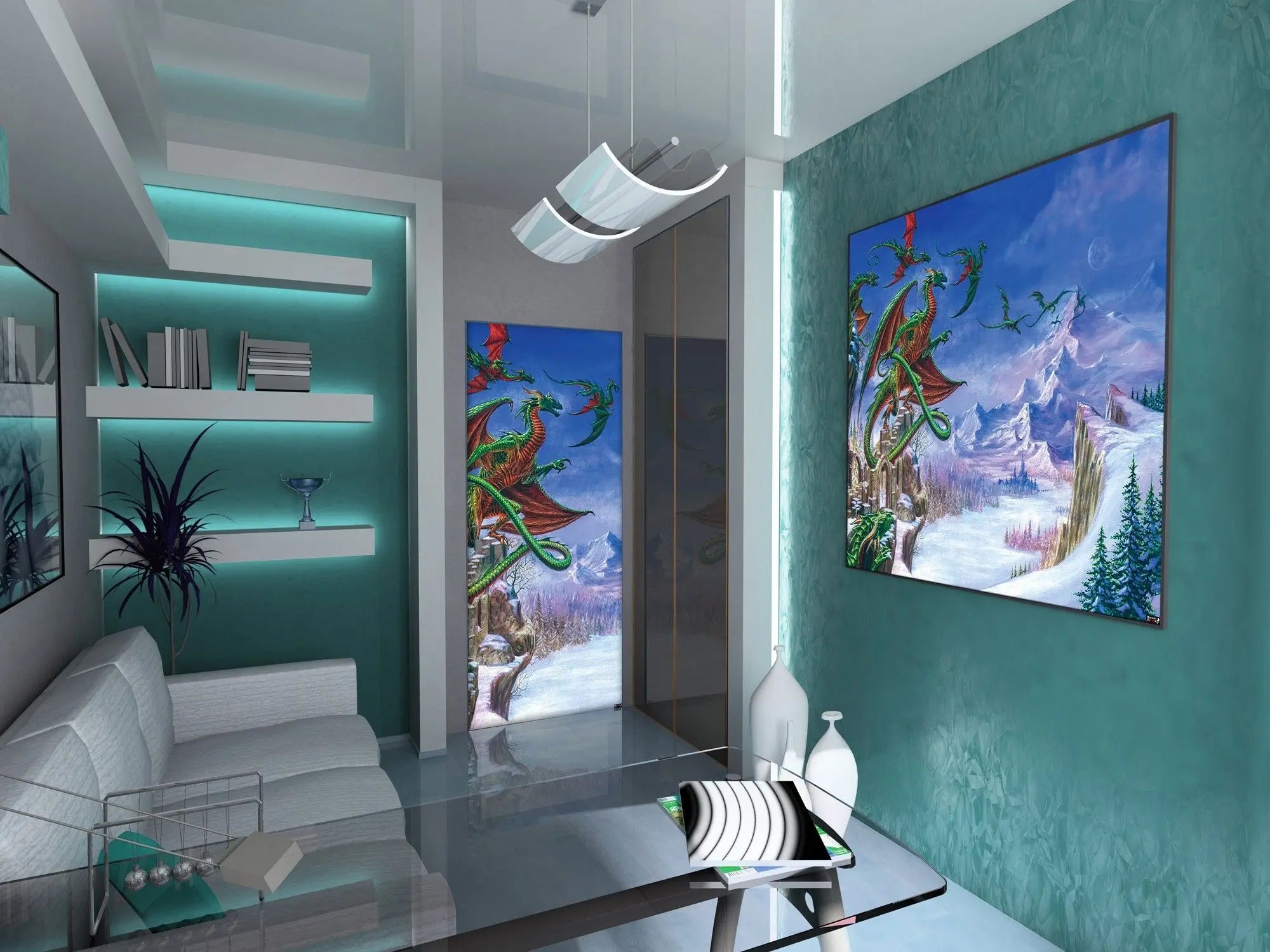 Billede 7 af Fototapet - Grønne drager flyver over snedækkede bjerge og ruiner