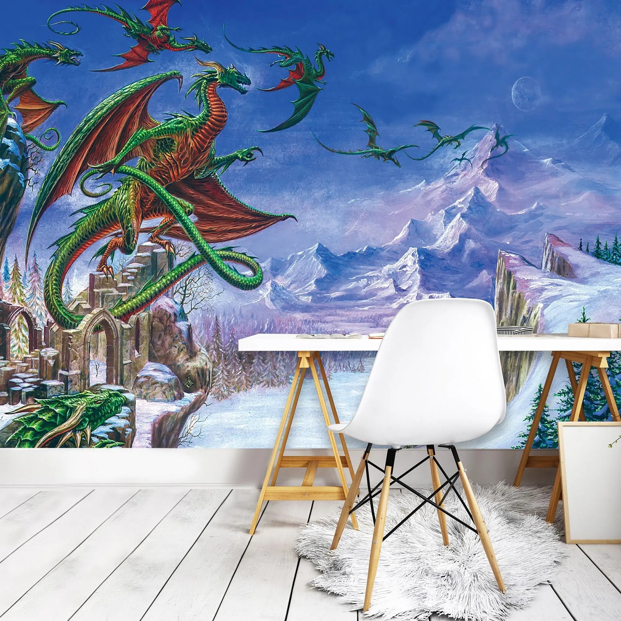 Billede 8 af Fototapet - Grønne drager flyver over snedækkede bjerge og ruiner