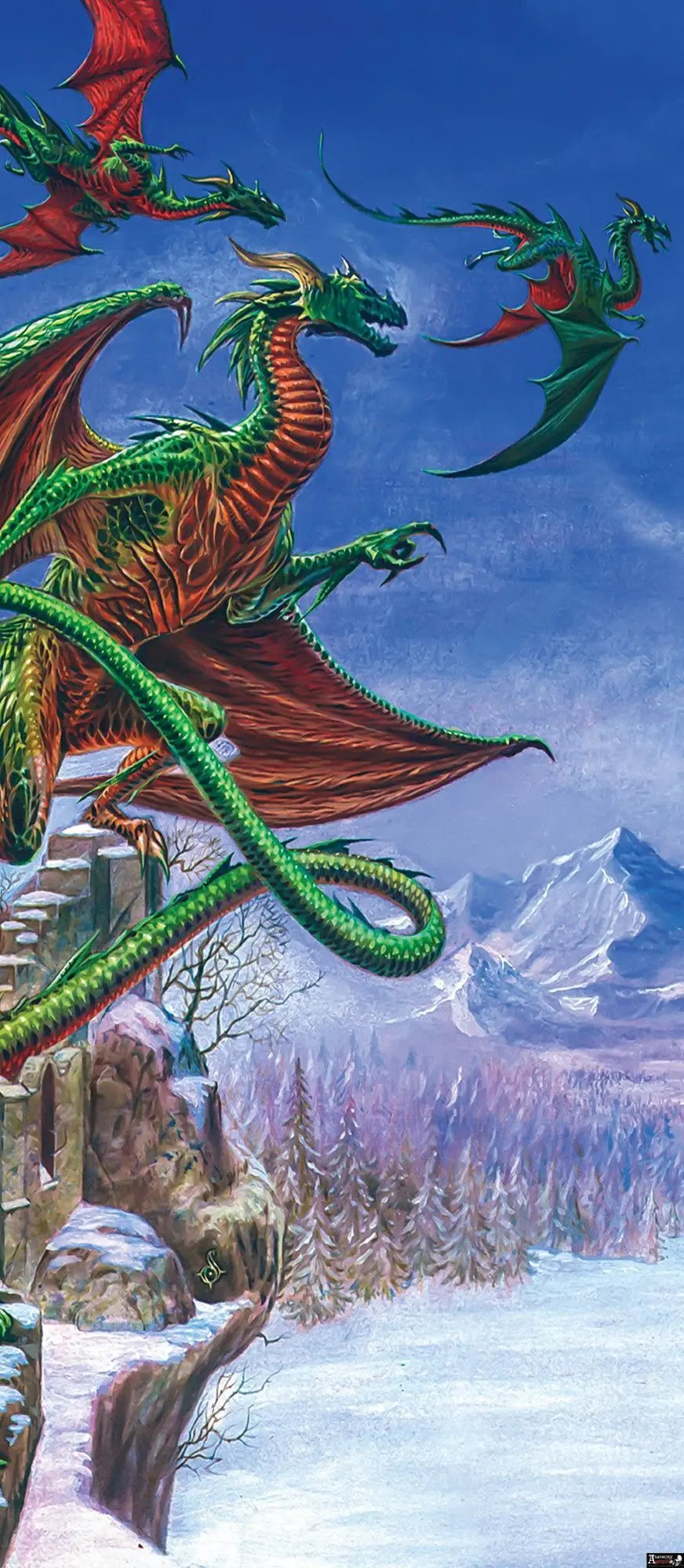 Billede 9 af Fototapet - Grønne drager flyver over snedækkede bjerge og ruiner