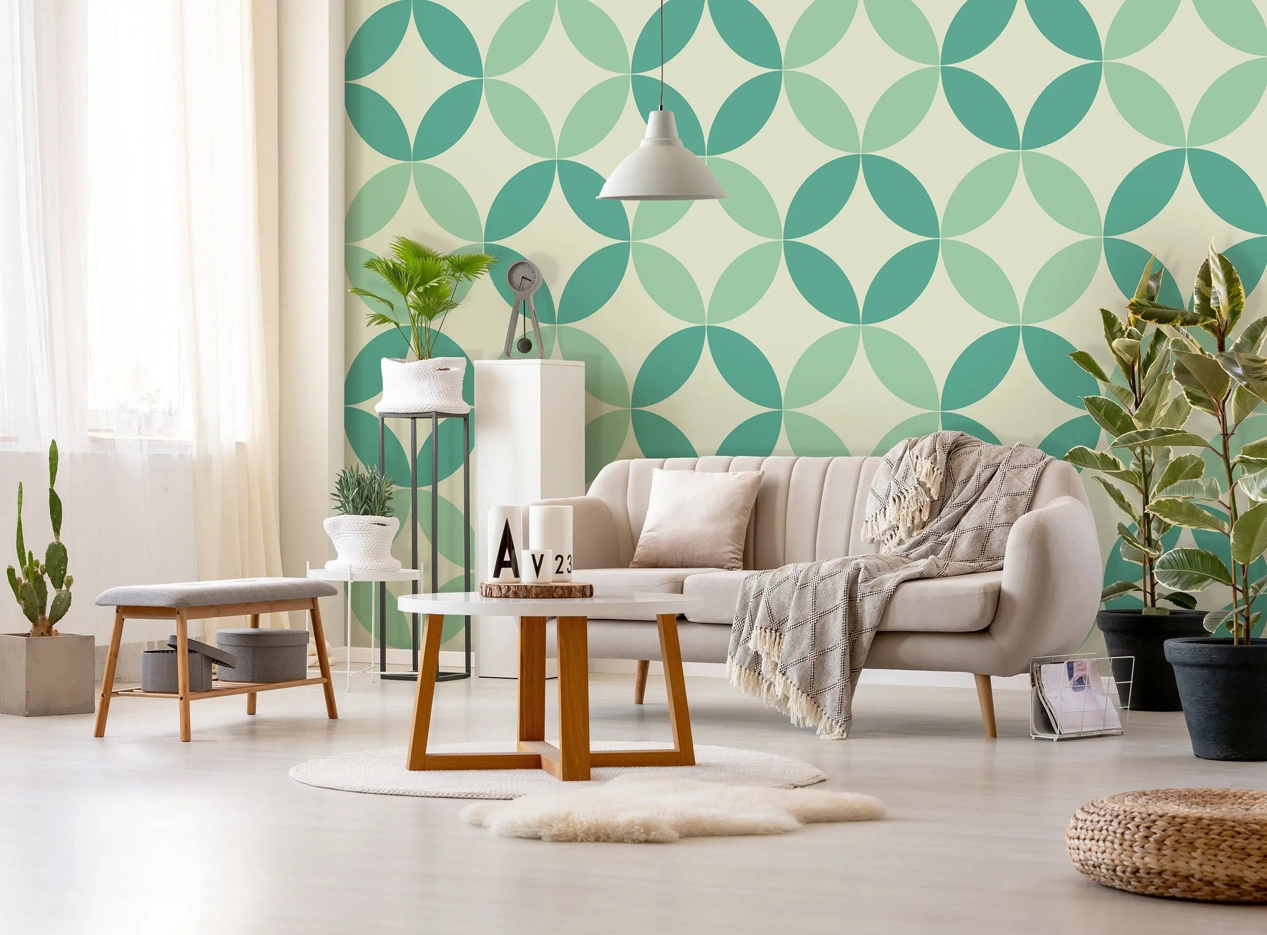 Billede 13 af Fototapet - Grønne geometriske cirkelmønstre på lys baggrund