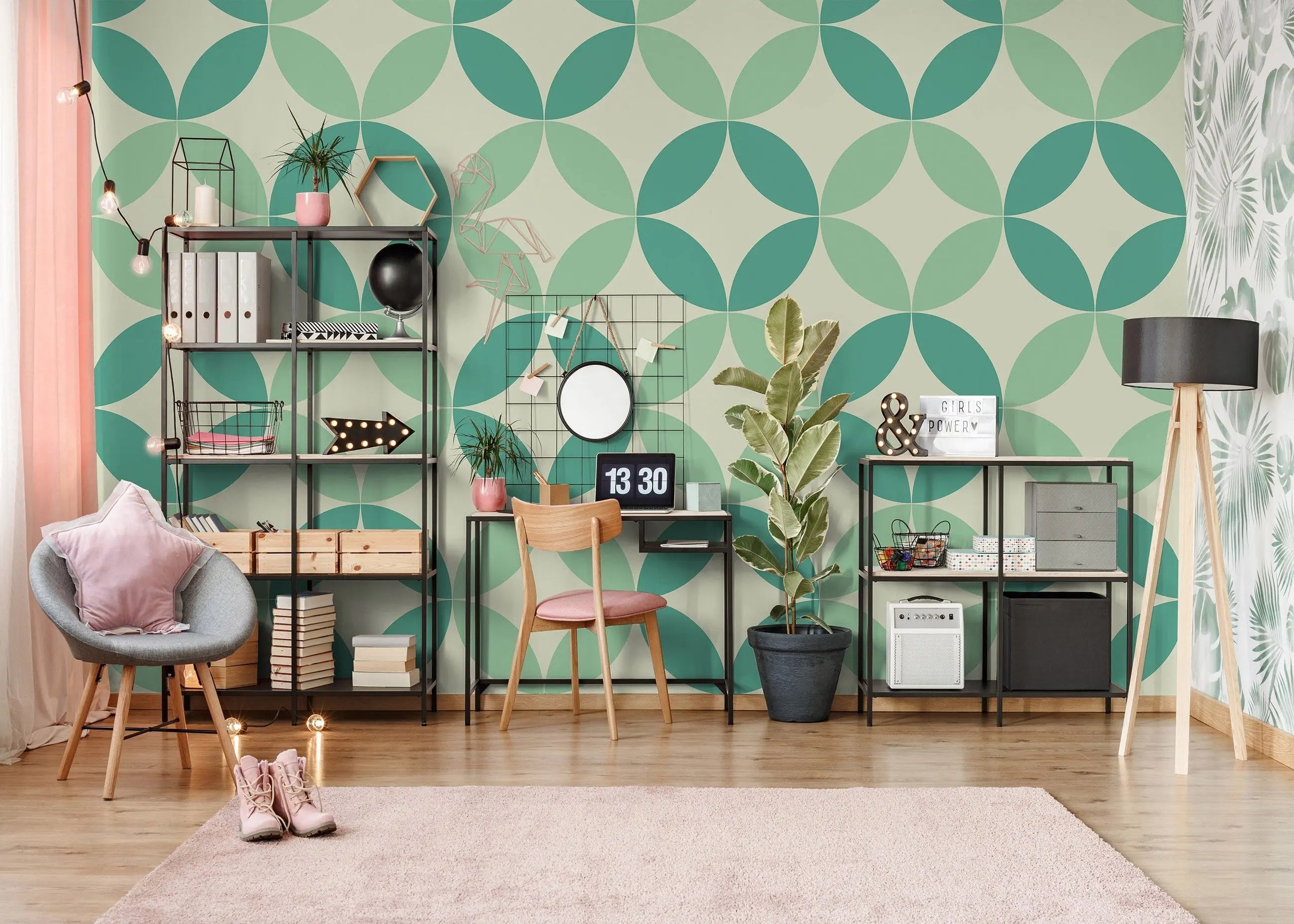 Billede 14 af Fototapet - Grønne geometriske cirkelmønstre på lys baggrund