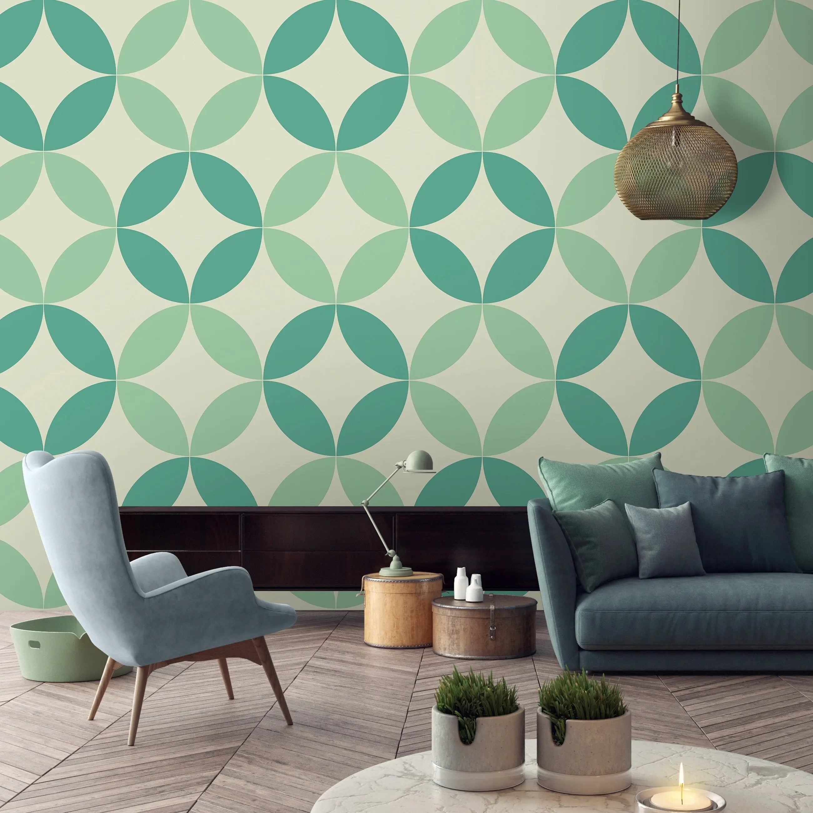 Billede 15 af Fototapet - Grønne geometriske cirkelmønstre på lys baggrund