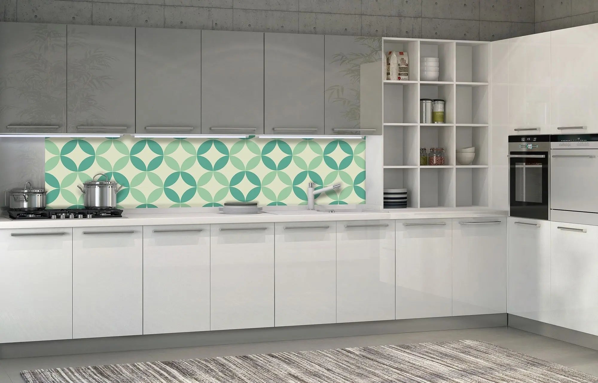 Billede 2 af Fototapet - Grønne geometriske cirkelmønstre på lys baggrund