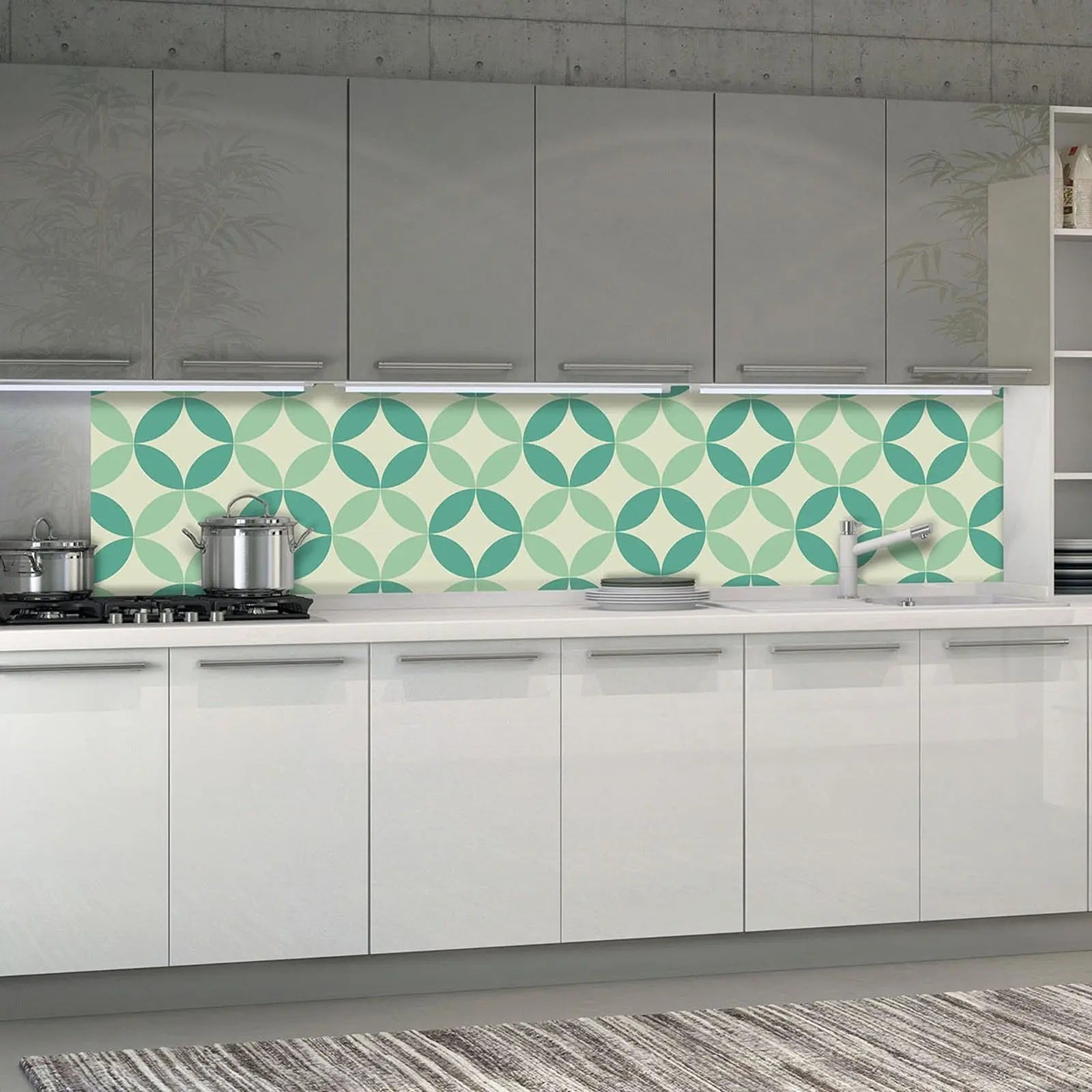 Billede 3 af Fototapet - Grønne geometriske cirkelmønstre på lys baggrund