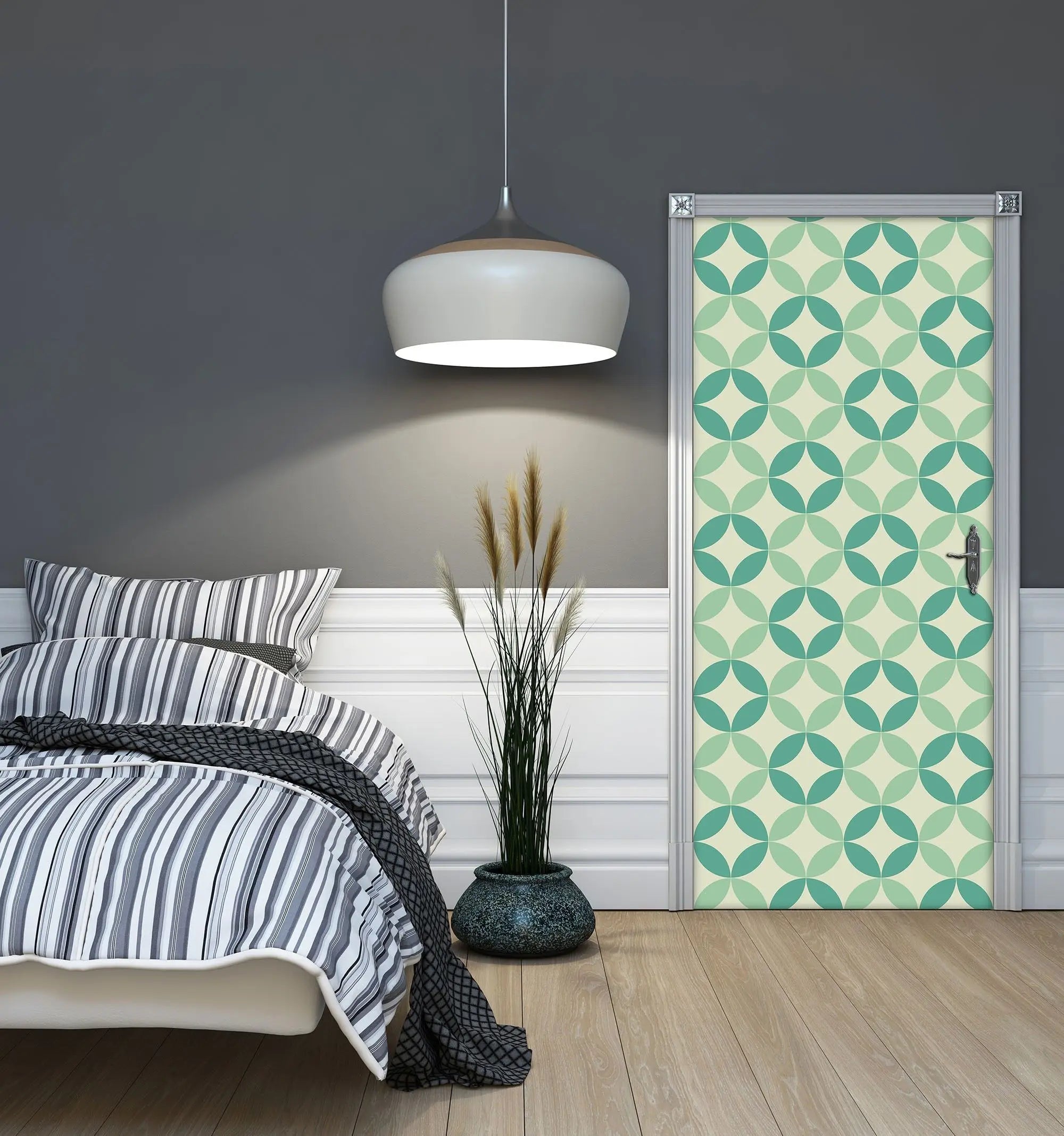 Billede 4 af Fototapet - Grønne geometriske cirkelmønstre på lys baggrund