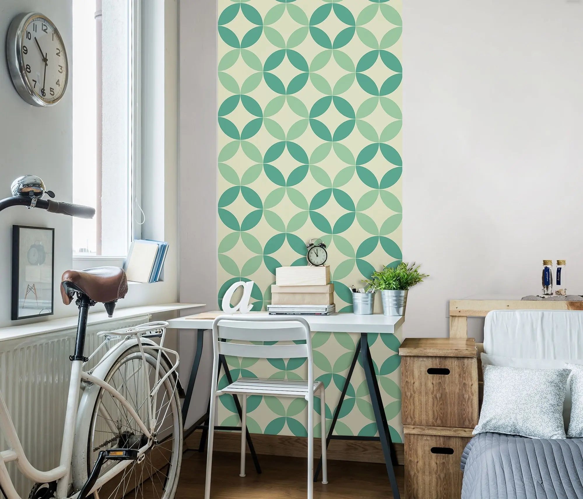 Billede 5 af Fototapet - Grønne geometriske cirkelmønstre på lys baggrund