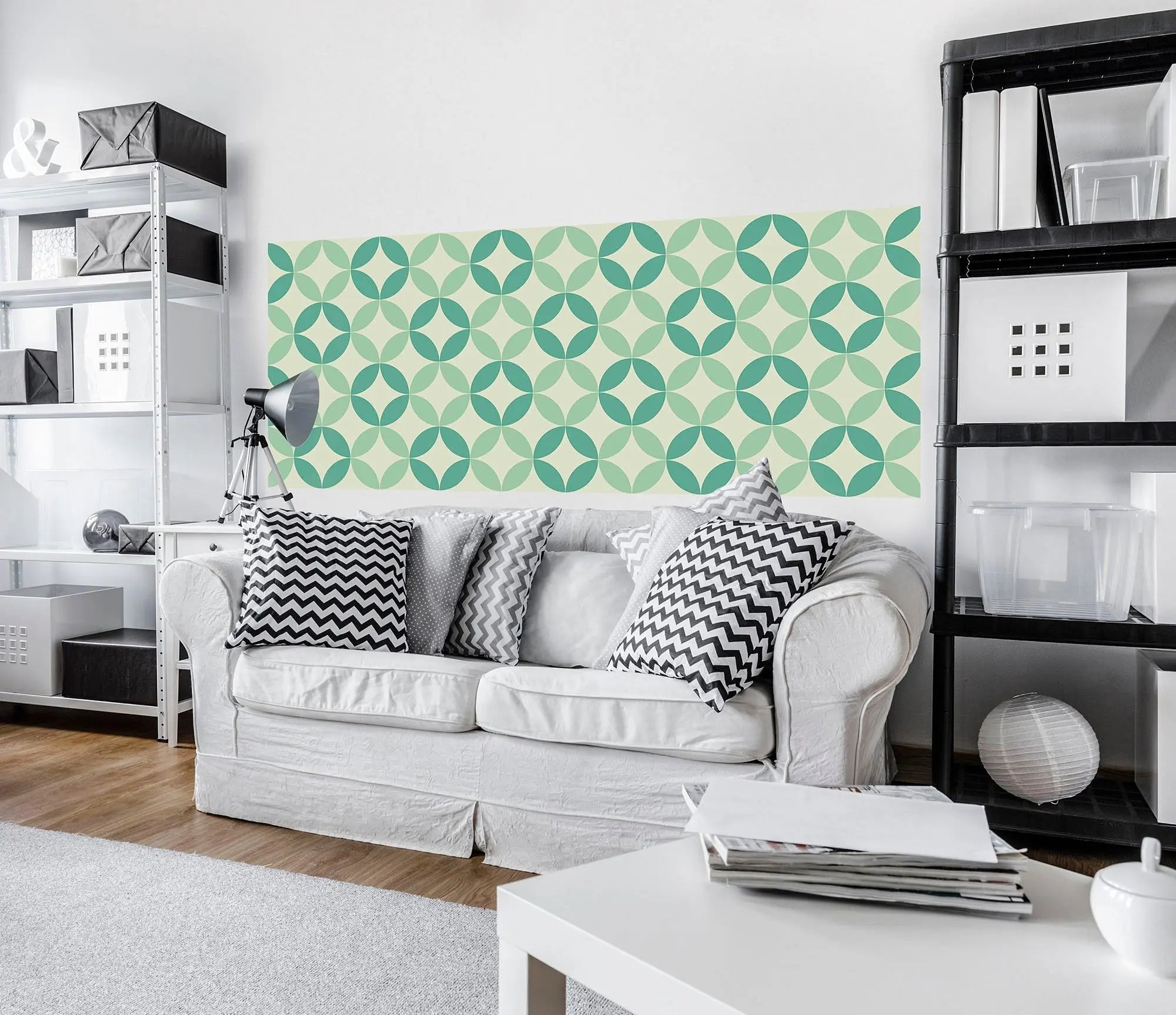 Billede 6 af Fototapet - Grønne geometriske cirkelmønstre på lys baggrund