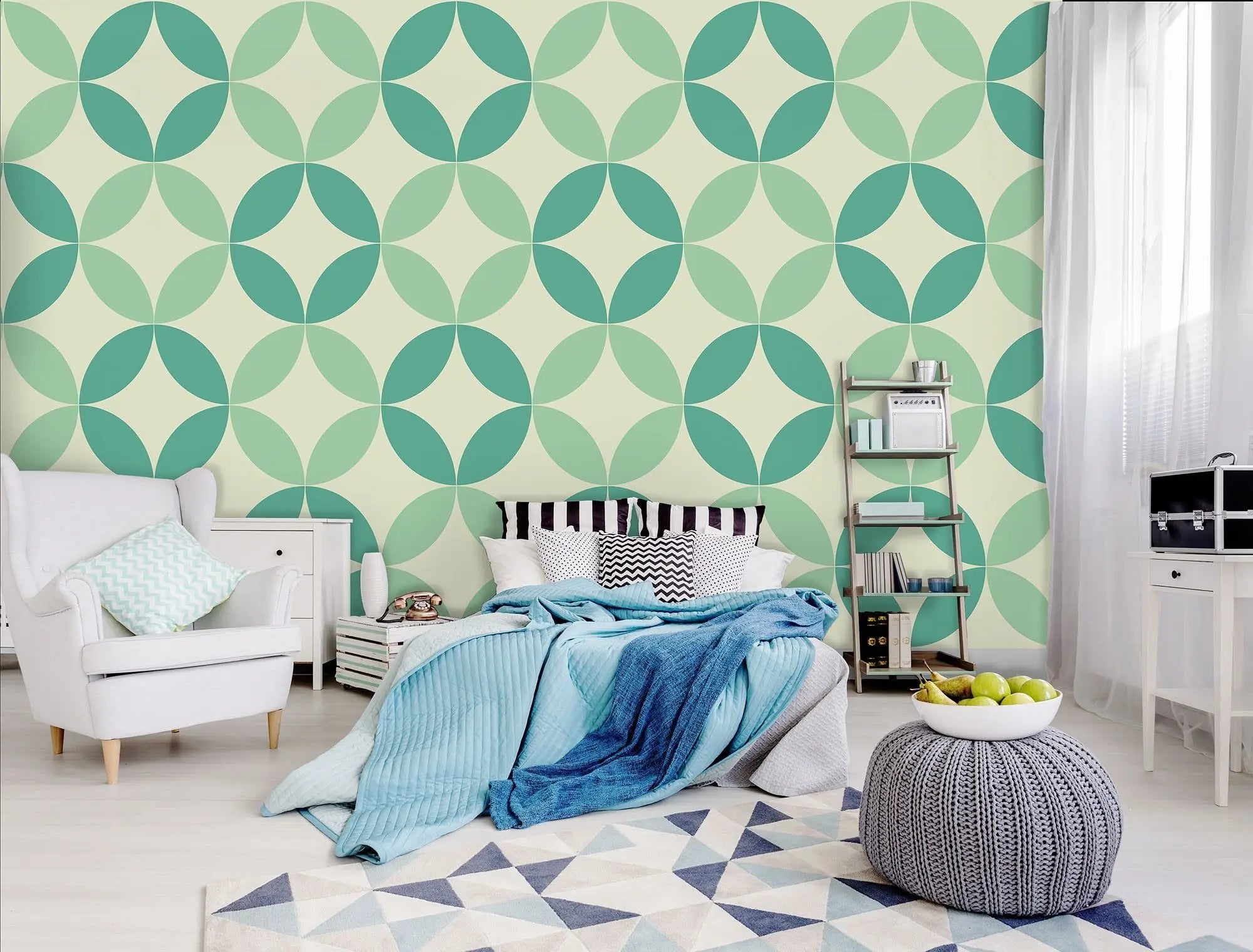 Billede 7 af Fototapet - Grønne geometriske cirkelmønstre på lys baggrund