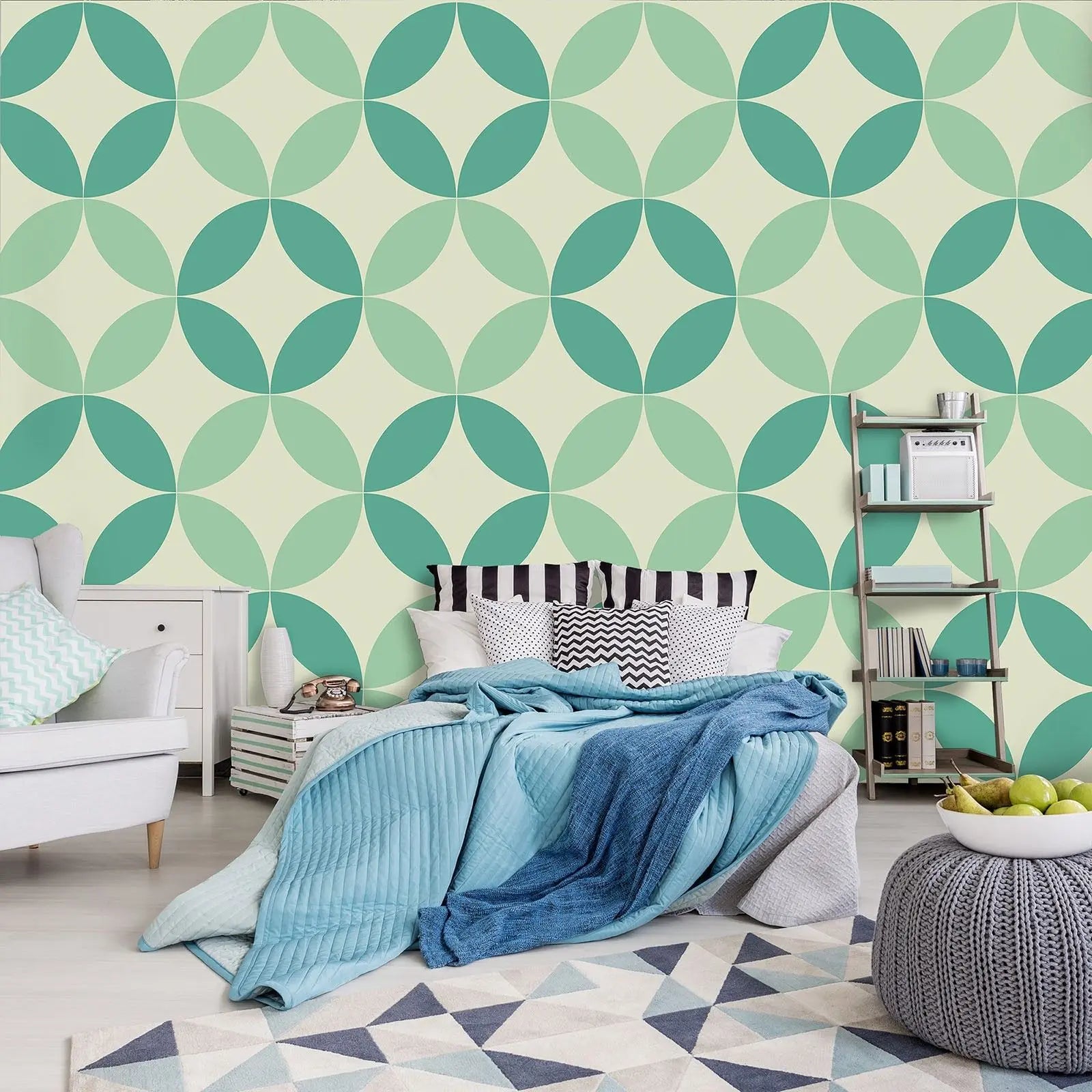 Billede 8 af Fototapet - Grønne geometriske cirkelmønstre på lys baggrund