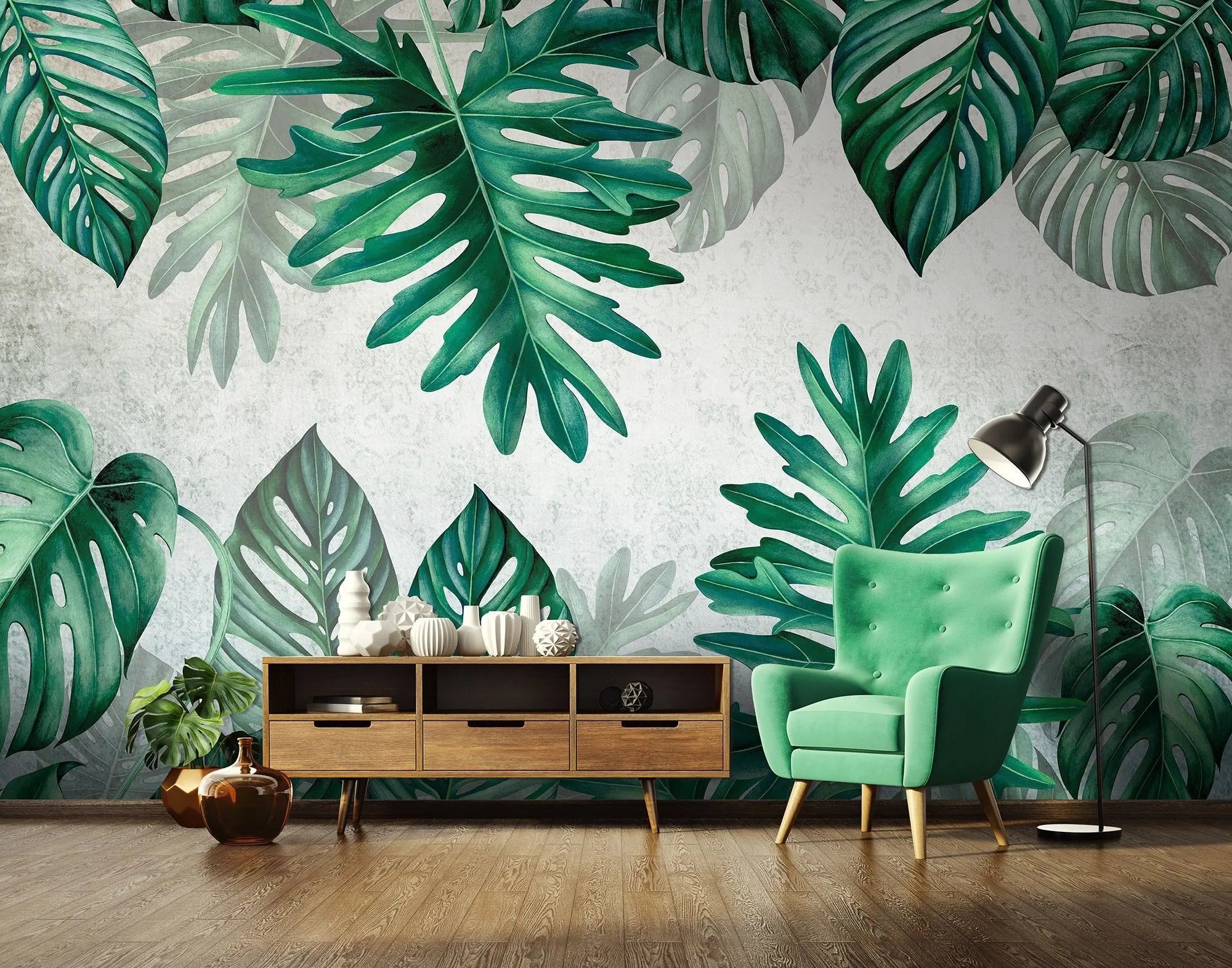 Billede 2 af Fototapet - Grønne Monstera-blade på Beige Baggrund