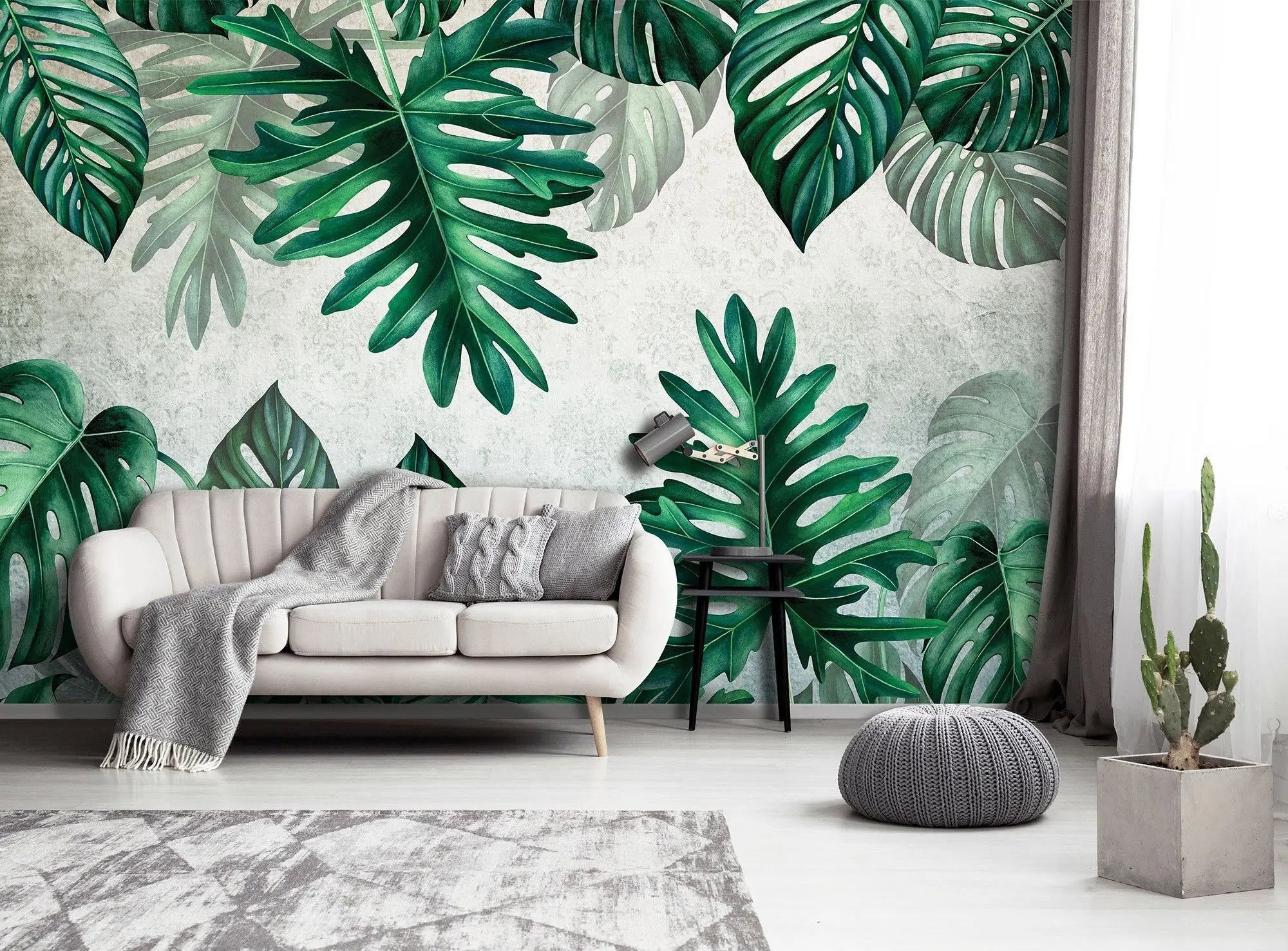 Billede 3 af Fototapet - Grønne Monstera-blade på Beige Baggrund