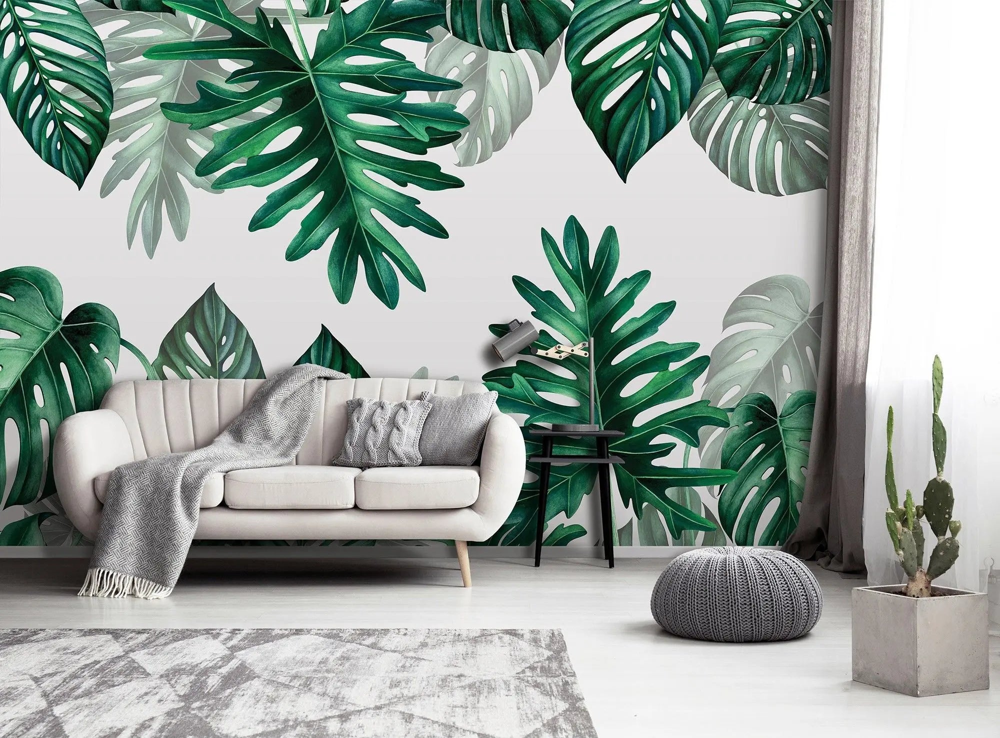 Billede 2 af Fototapet - Grønne Monstera-blade på hvid baggrund