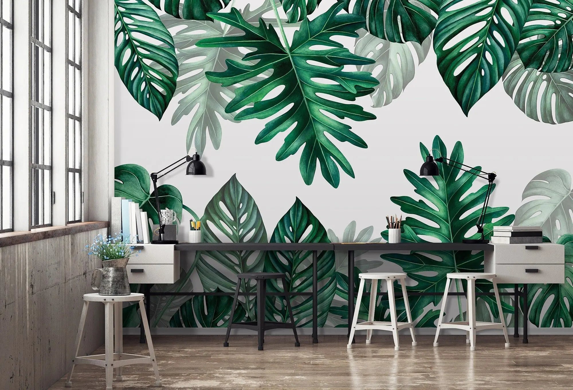 Billede 3 af Fototapet - Grønne Monstera-blade på hvid baggrund