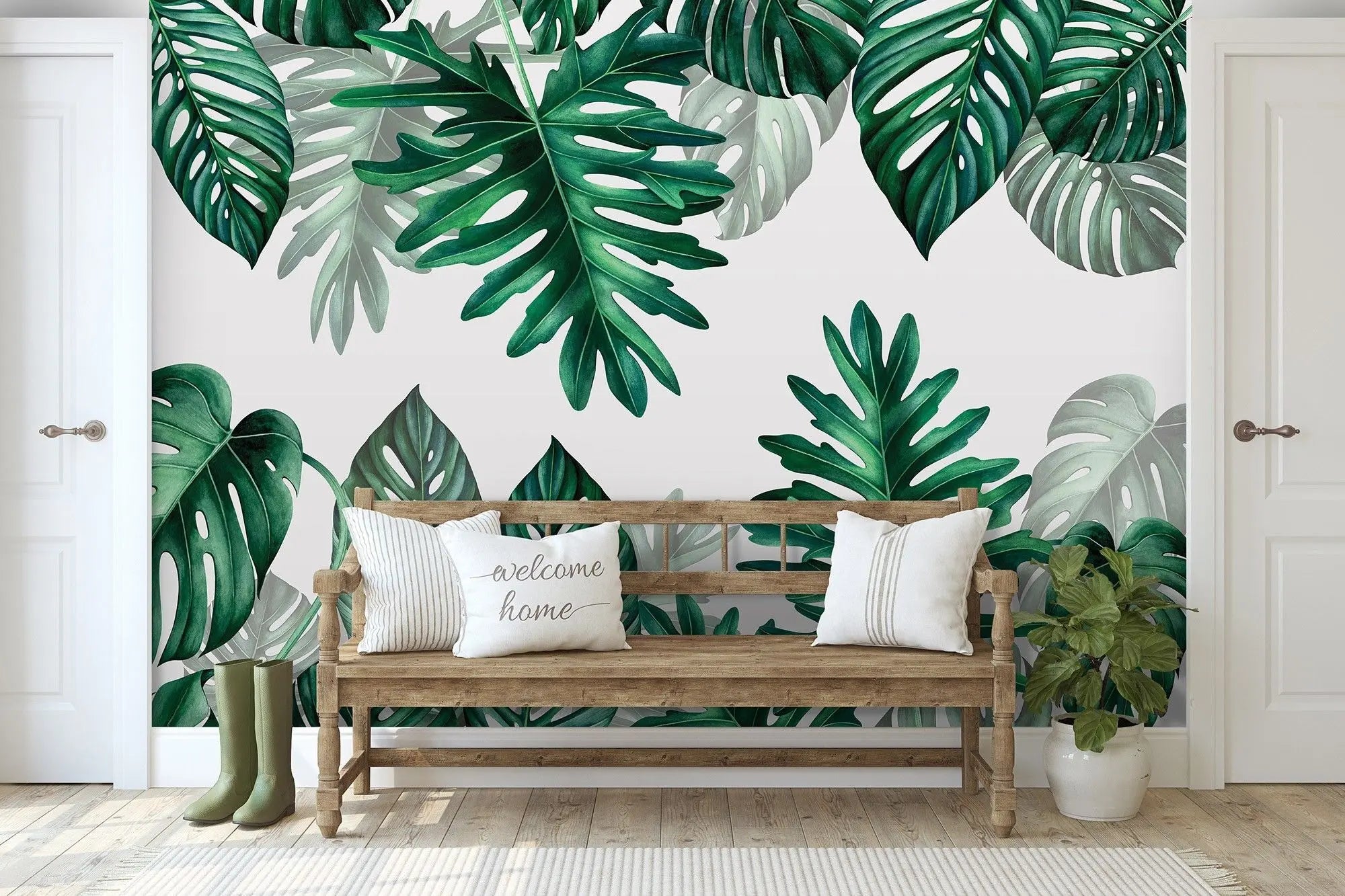 Billede 4 af Fototapet - Grønne Monstera-blade på hvid baggrund