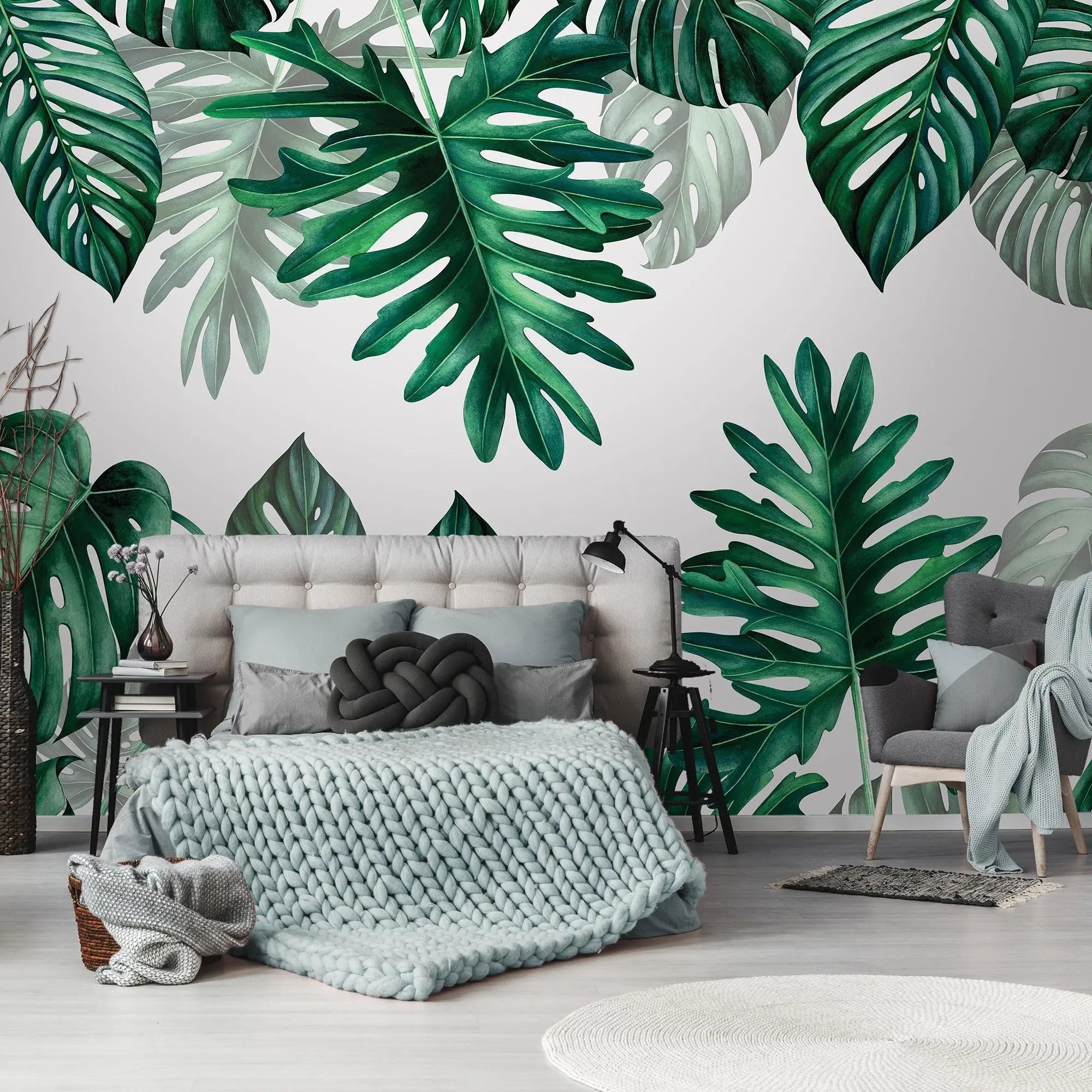 Billede 5 af Fototapet - Grønne Monstera-blade på hvid baggrund