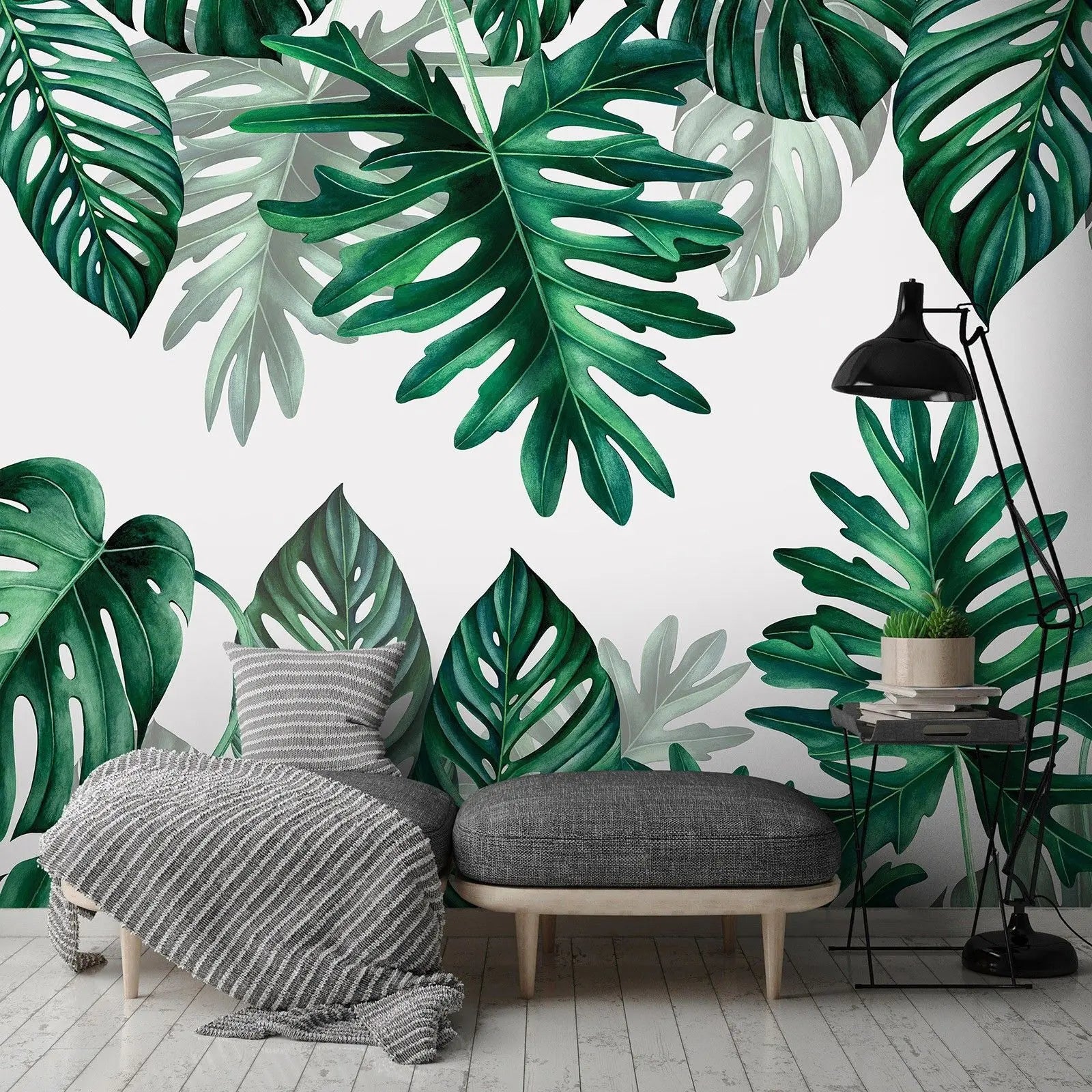 Billede 6 af Fototapet - Grønne Monstera-blade på hvid baggrund