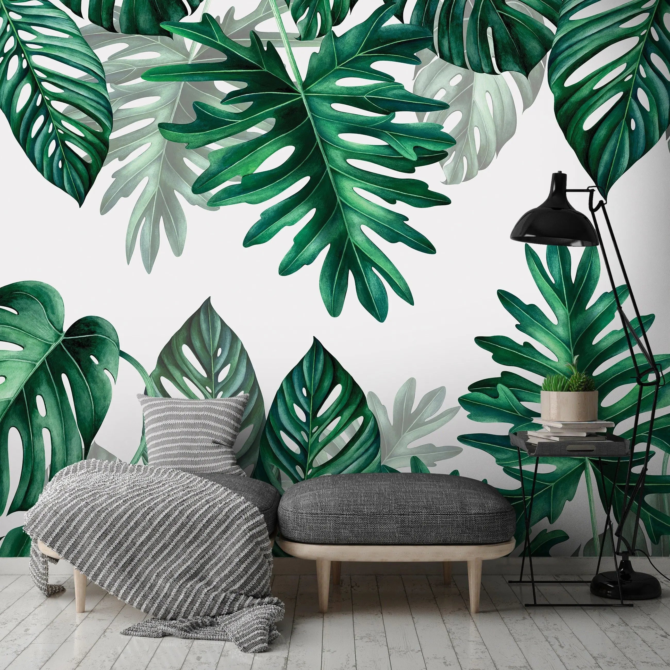Billede 8 af Fototapet - Grønne Monstera-blade på hvid baggrund