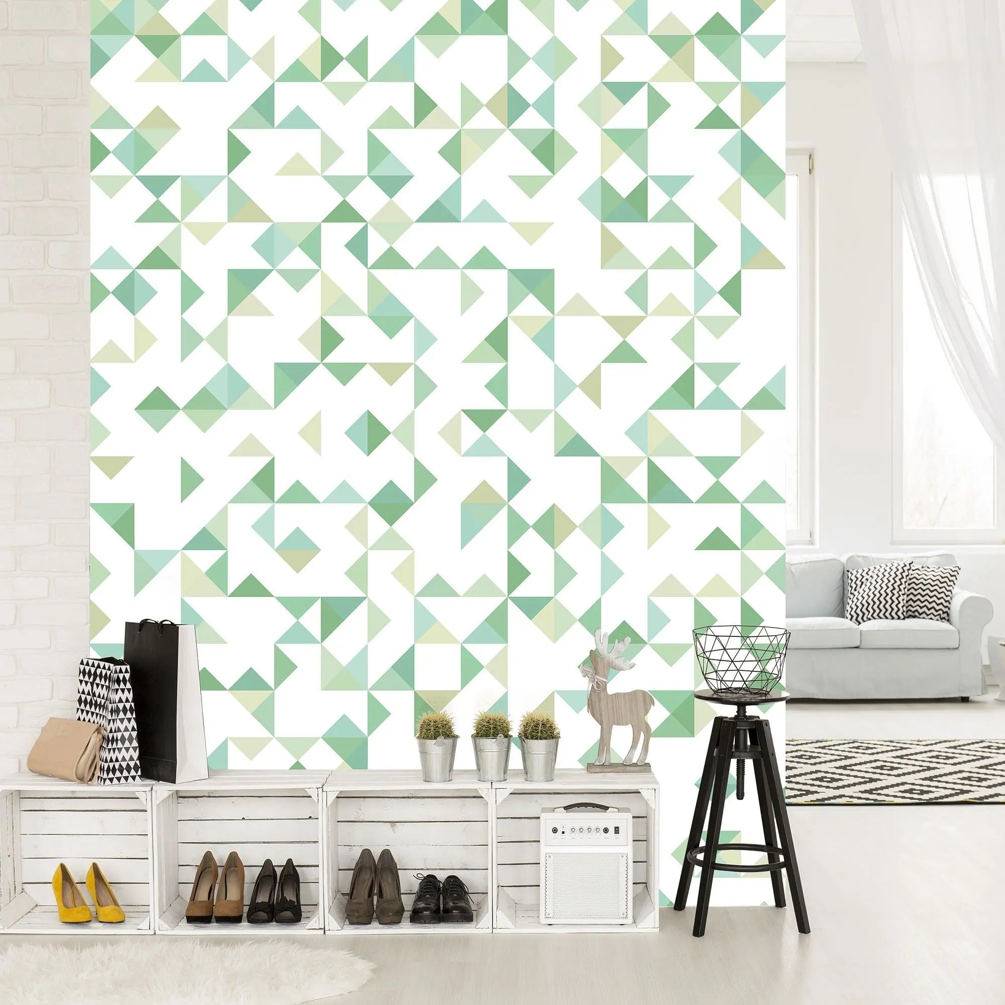 Billede 10 af Fototapet - Grønne og beige geometriske figurer på hvid baggrund