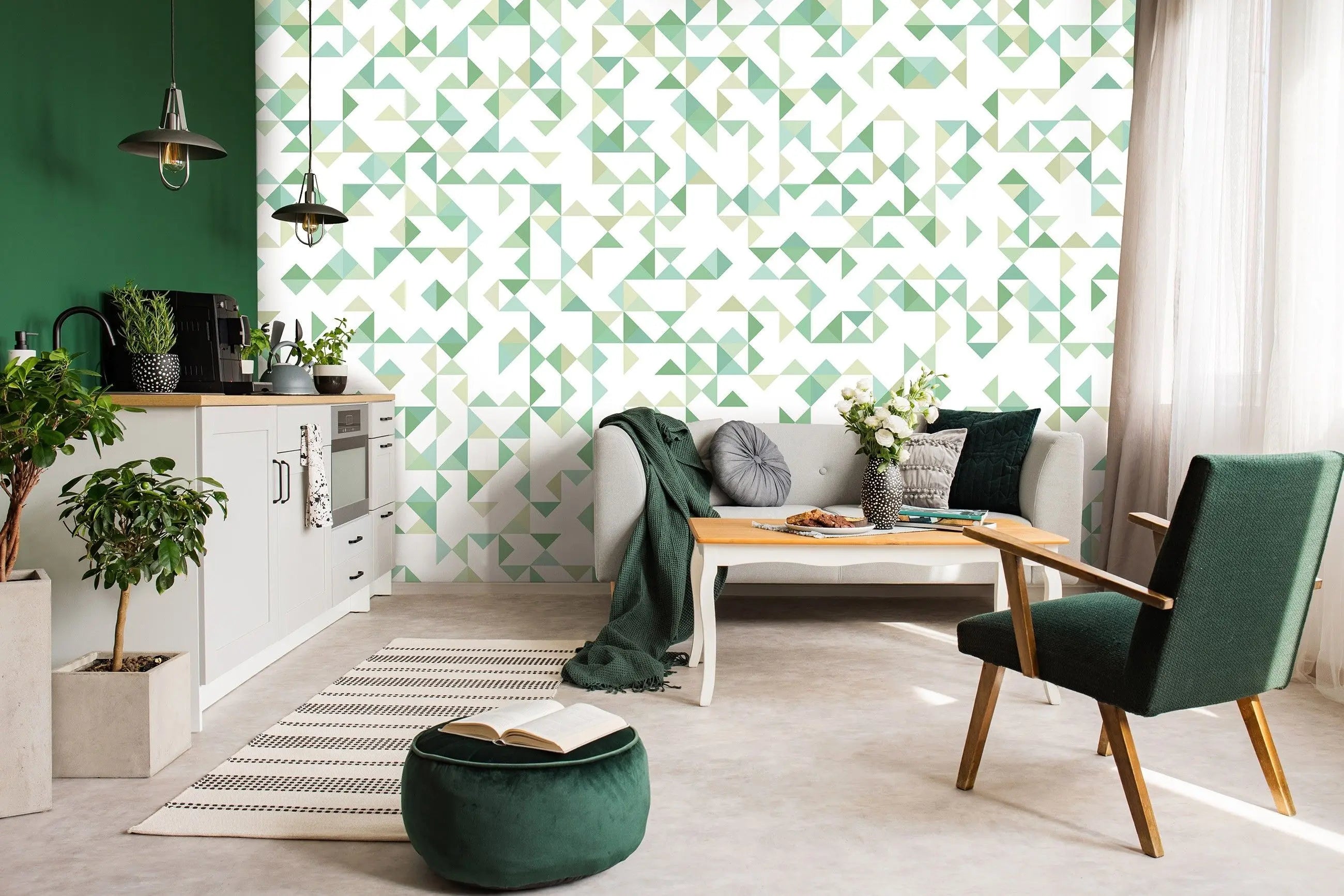 Billede 14 af Fototapet - Grønne og beige geometriske figurer på hvid baggrund