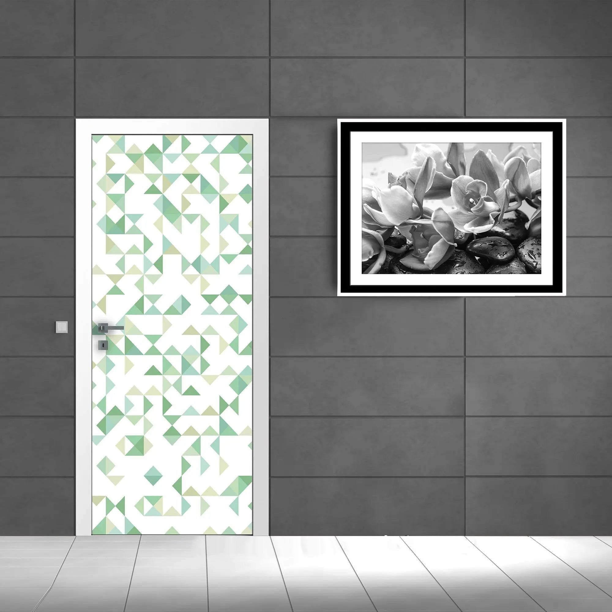 Billede 5 af Fototapet - Grønne og beige geometriske figurer på hvid baggrund