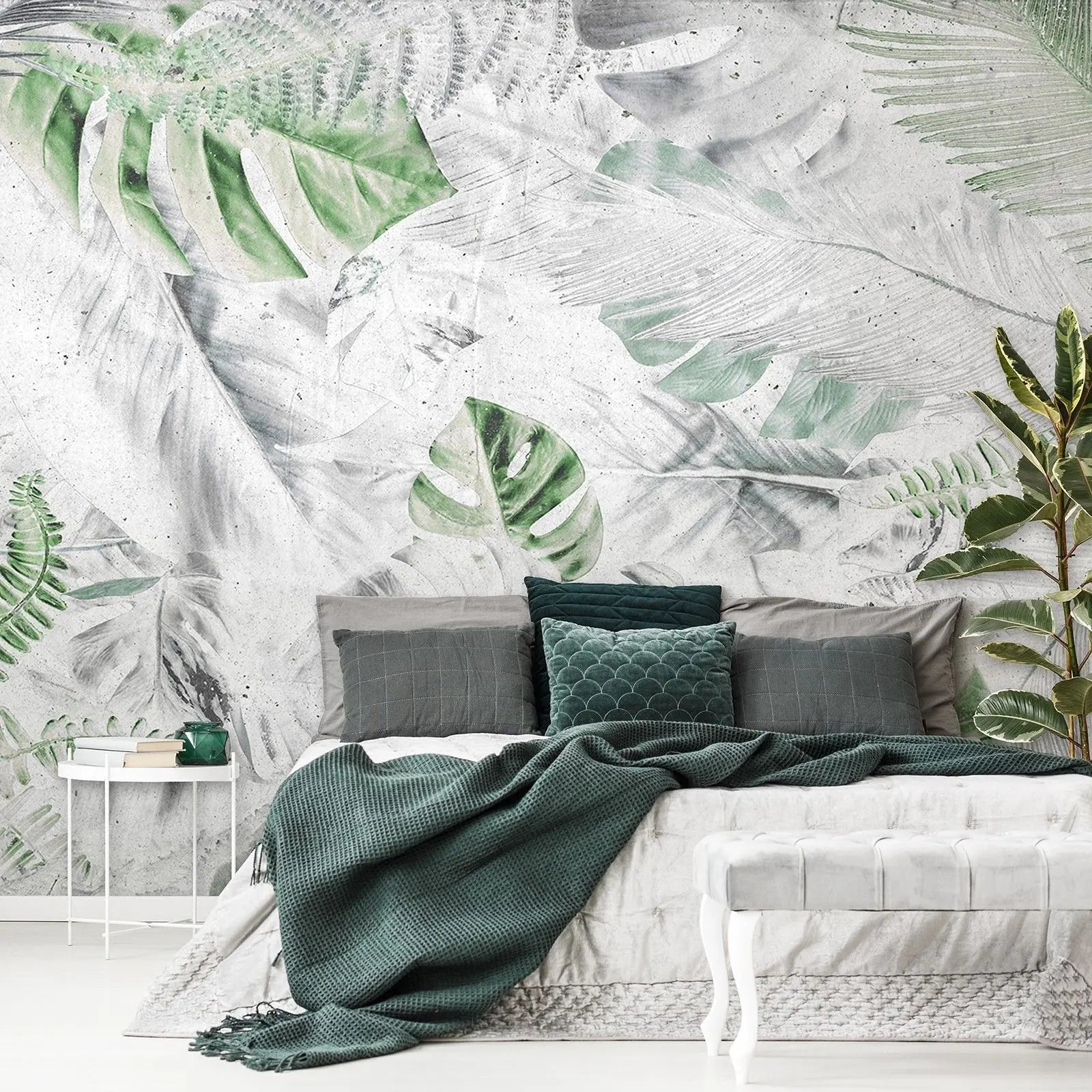 Billede 3 af Fototapet - Grønne tropiske blade på hvid baggrund