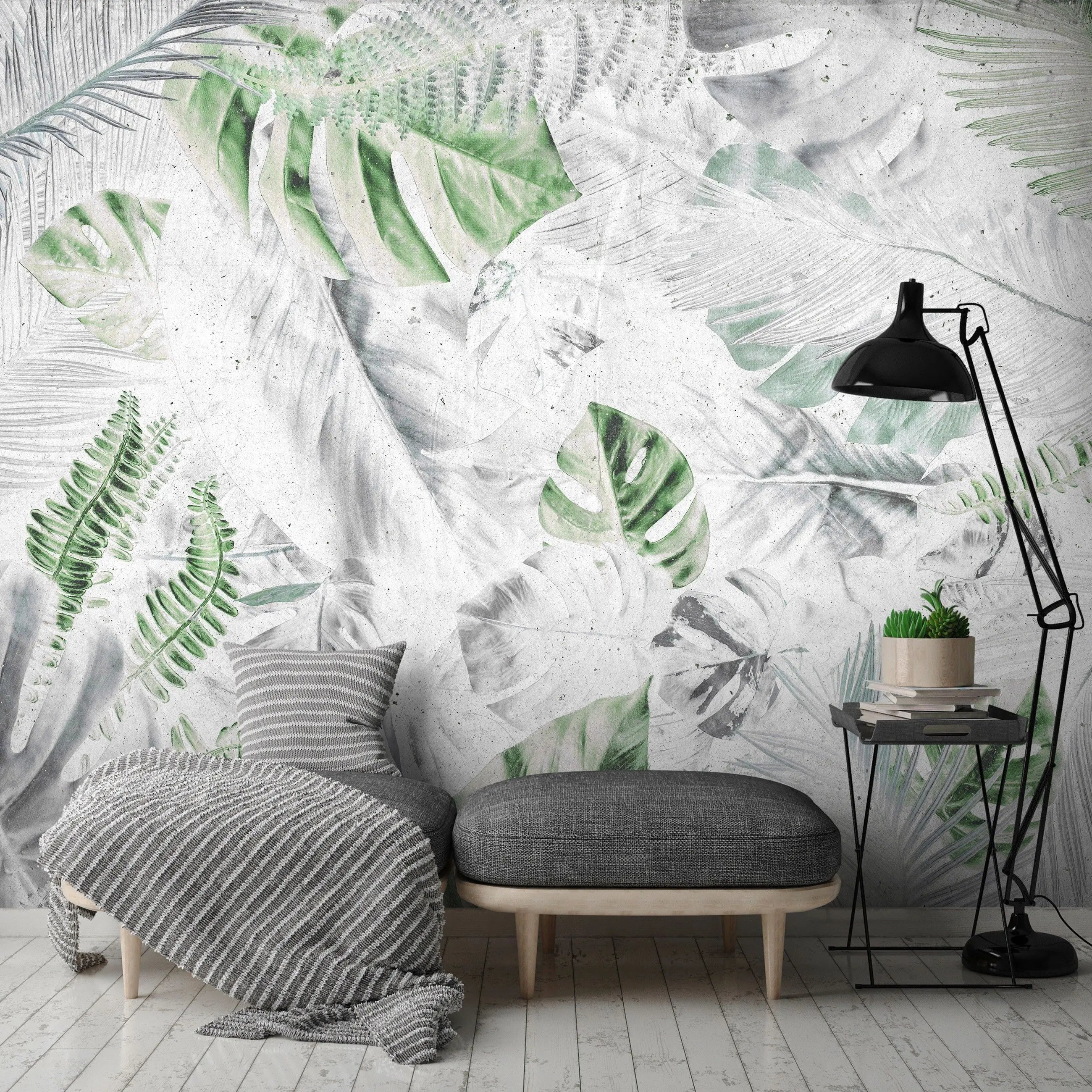 Billede 5 af Fototapet - Grønne tropiske blade på hvid baggrund