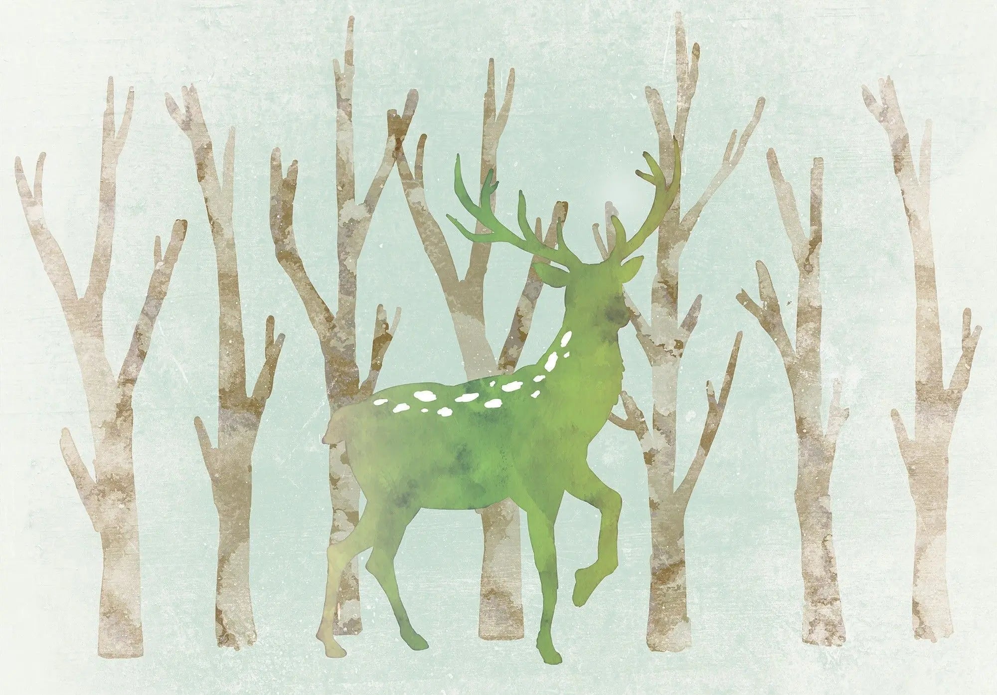 Billede 5 af Fototapet - Grønt akvarelhjort med brunlige træer i baggrunden