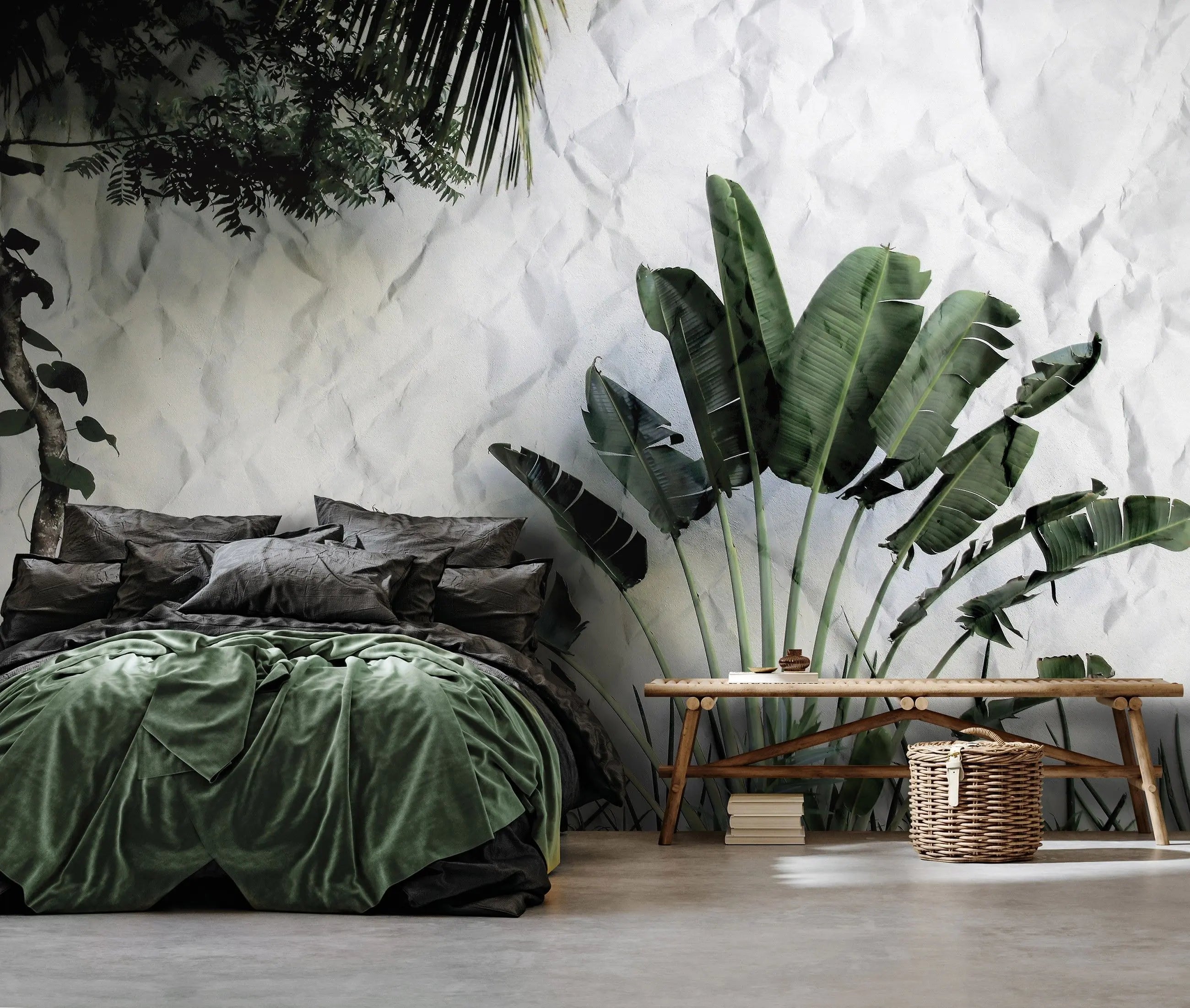 Billede 11 af Fototapet - Grønt palmeagtigt træ foran hvid krøllet væg