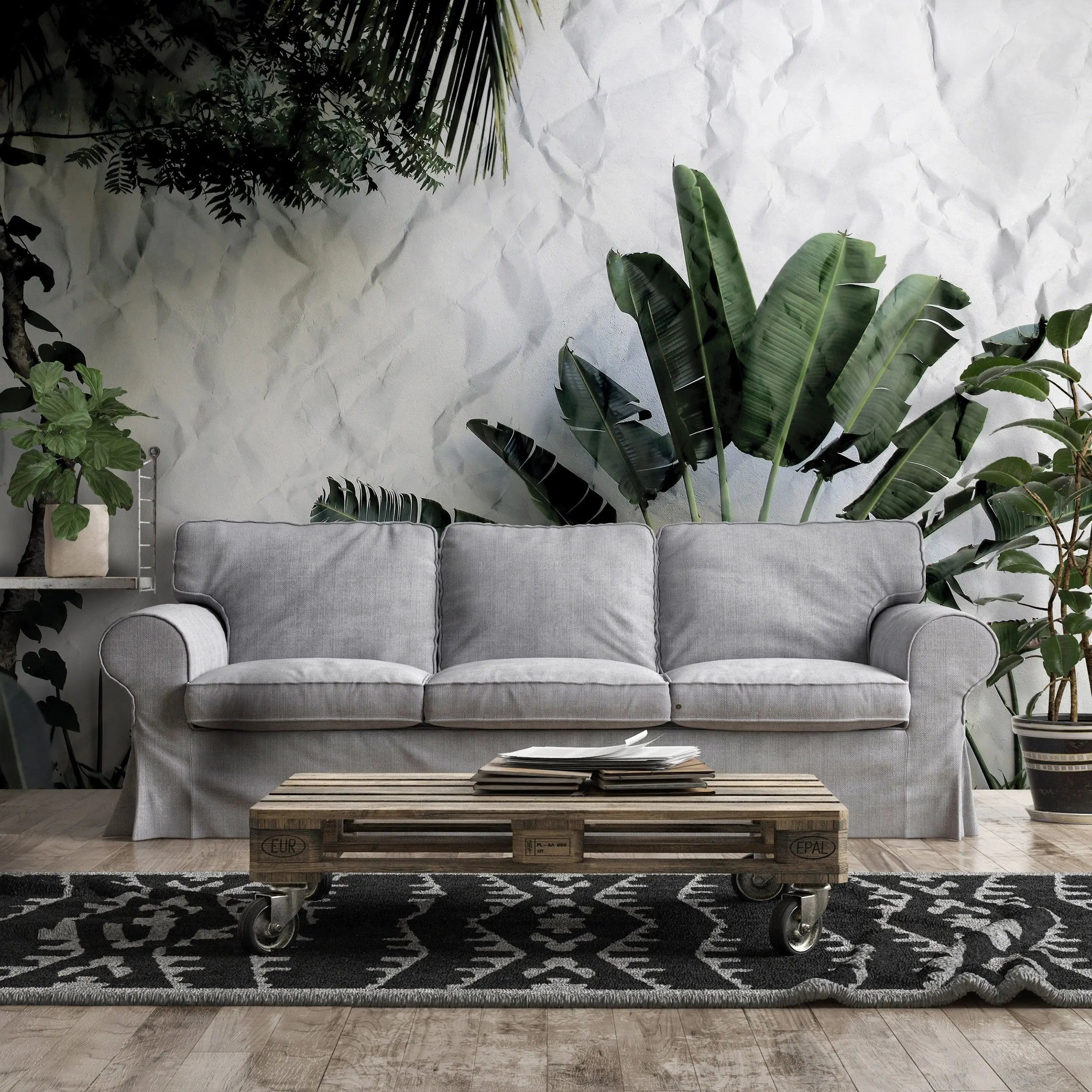 Billede 14 af Fototapet - Grønt palmeagtigt træ foran hvid krøllet væg