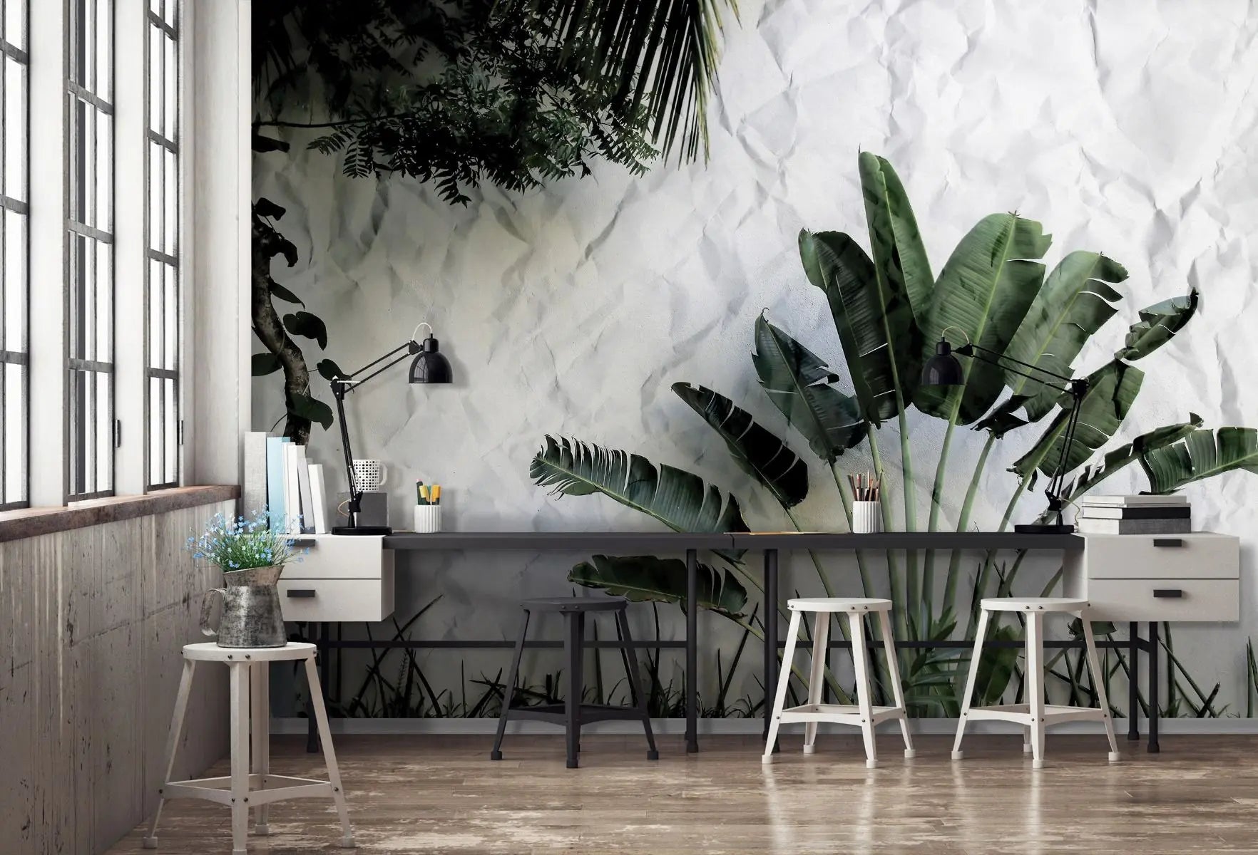 Billede 2 af Fototapet - Grønt palmeagtigt træ foran hvid krøllet væg
