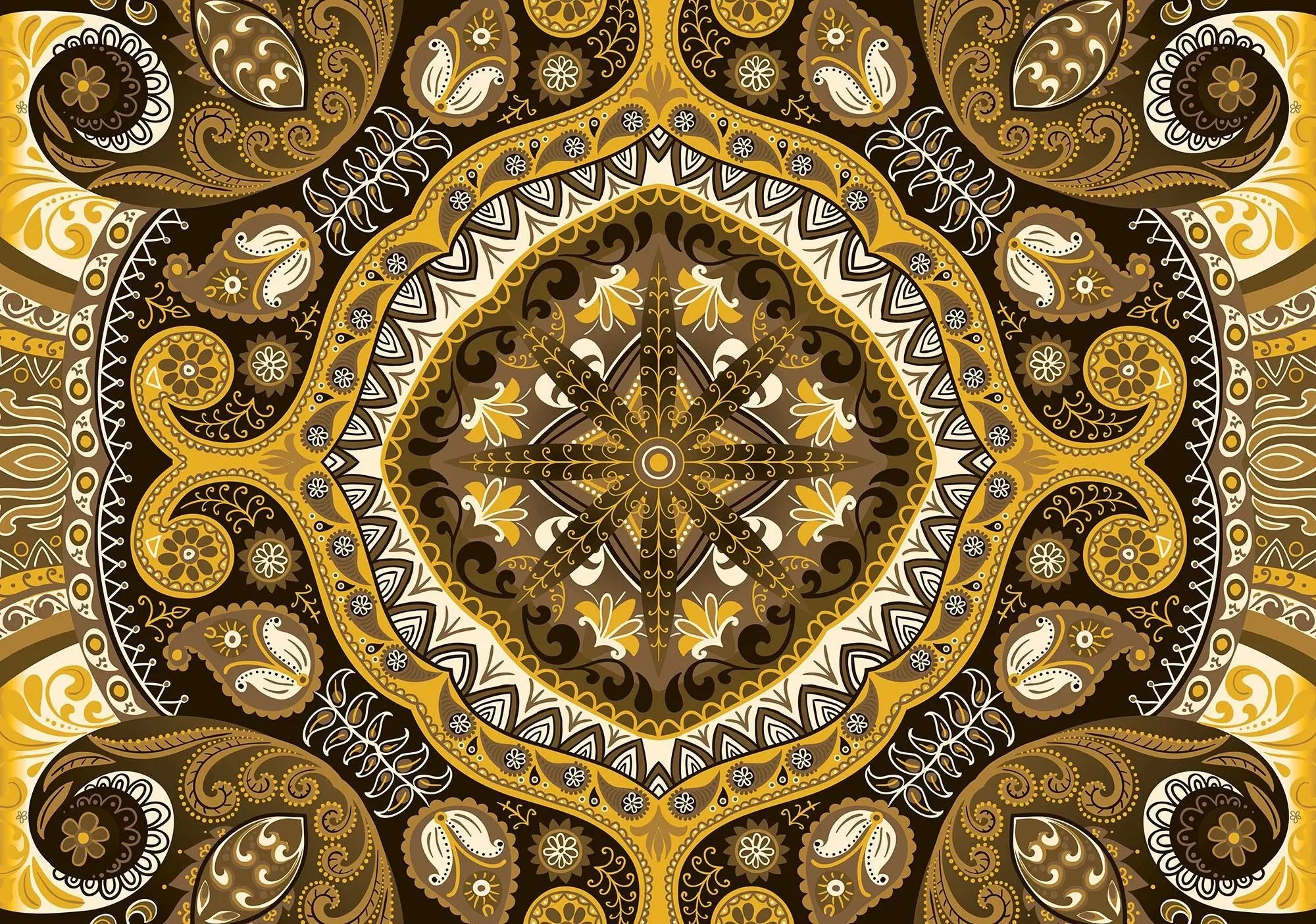 Billede 1 af Fototapet - Gul og brun symmetrisk paisleymønster
