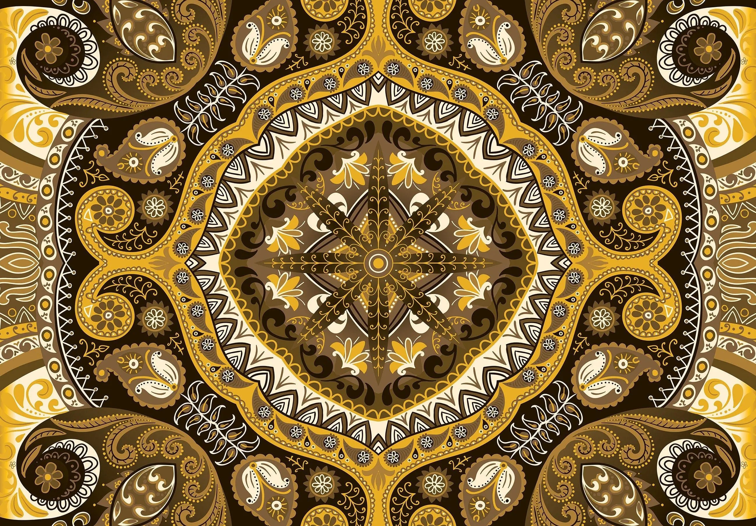 Billede 5 af Fototapet - Gul og brun symmetrisk paisleymønster