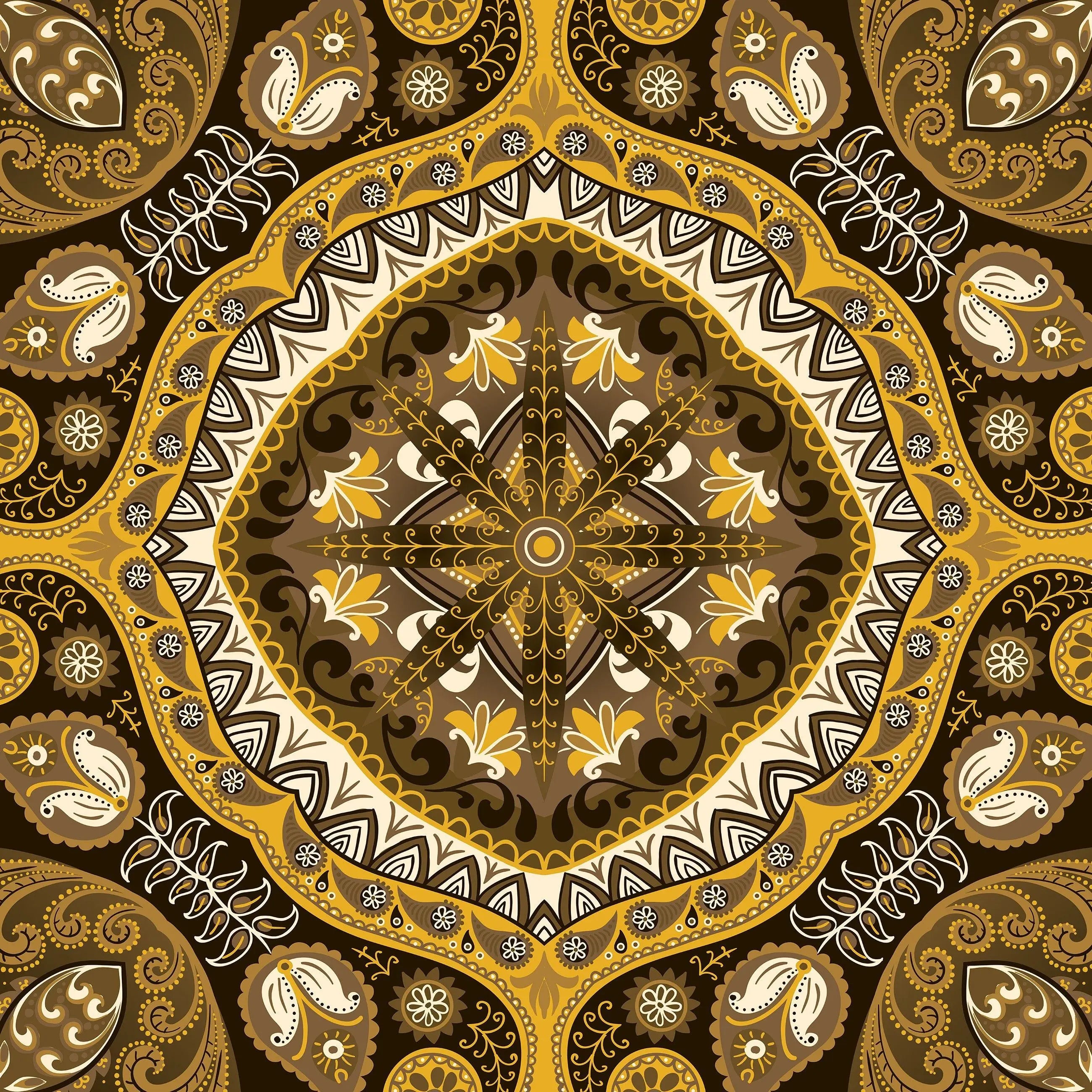 Billede 8 af Fototapet - Gul og brun symmetrisk paisleymønster