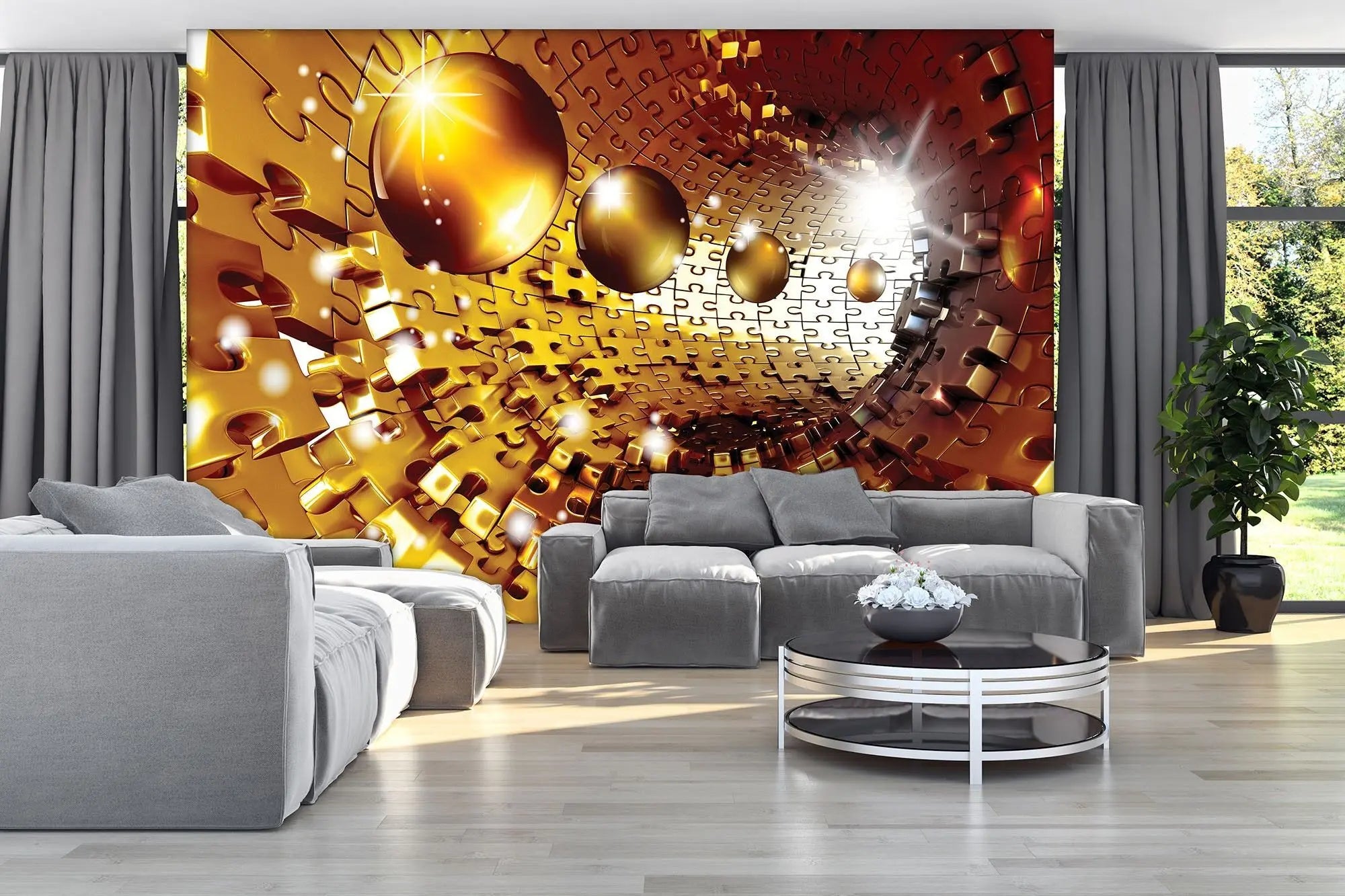 Billede 2 af Fototapet - Gul puslespilstunnel med skinnende kugler