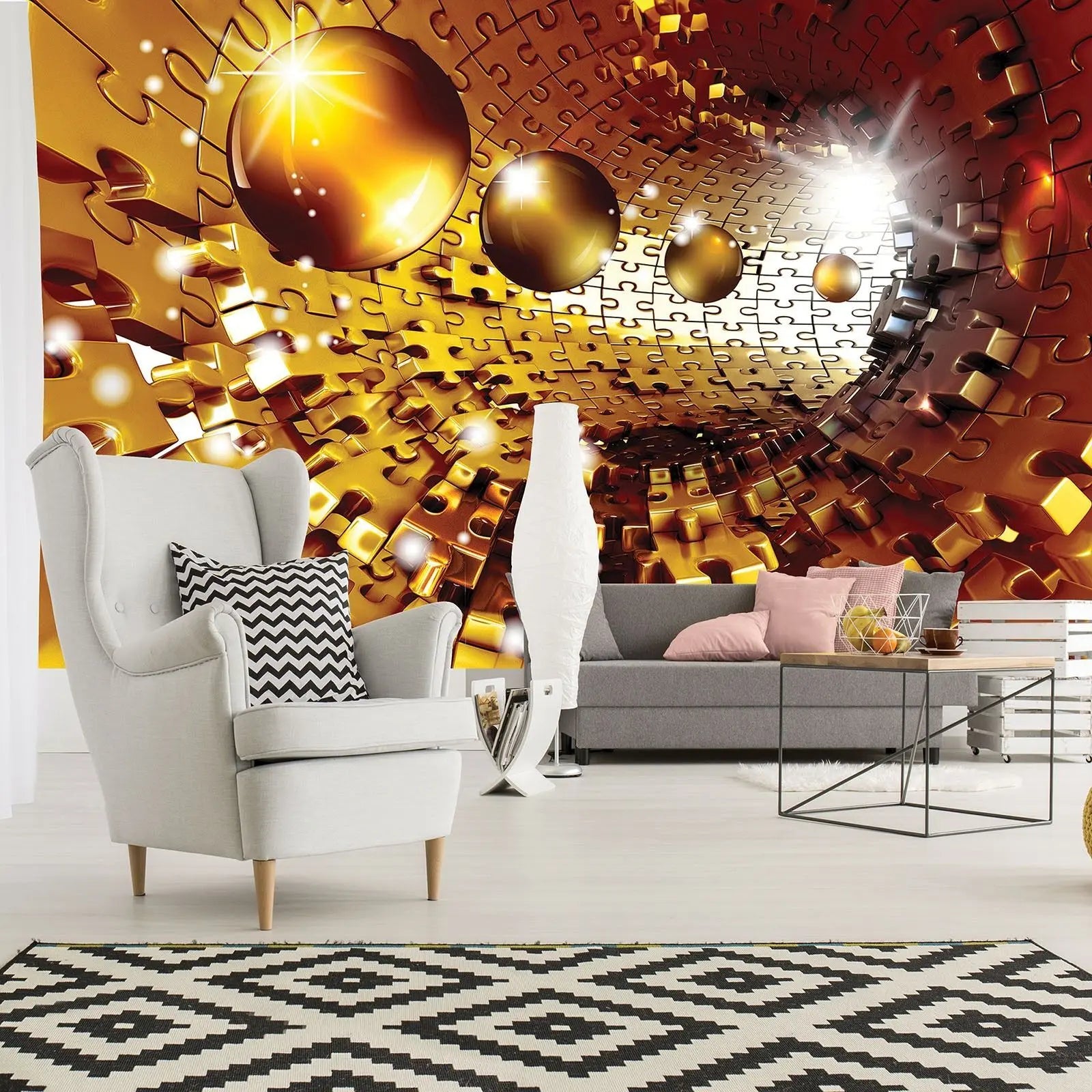 Billede 4 af Fototapet - Gul puslespilstunnel med skinnende kugler