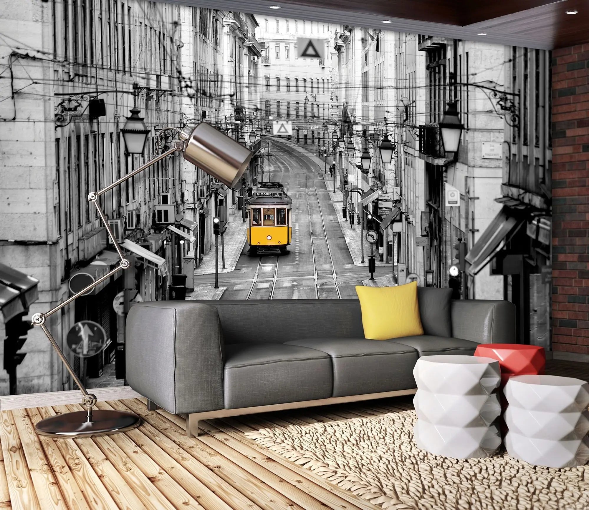 Billede 3 af Fototapet - Gul sporvogn på tom gade i sort-hvidt bybillede