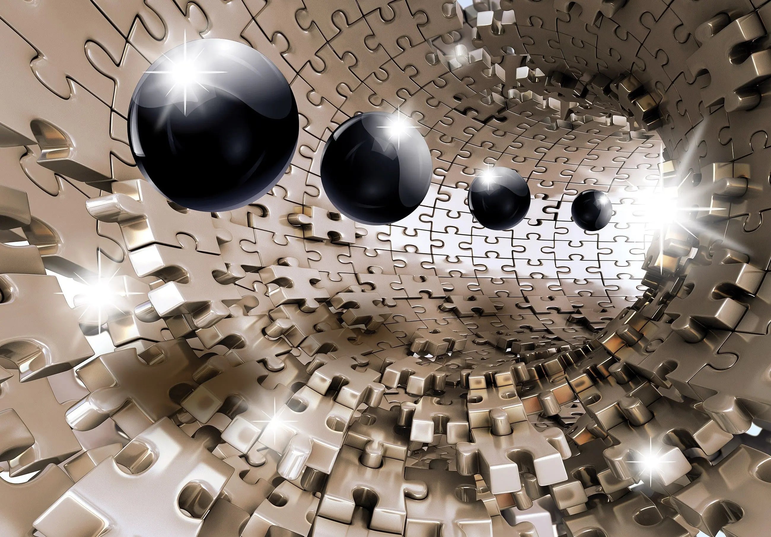 Billede 10 af Fototapet - Guldfarvet puslespilstunnel med sorte kugler