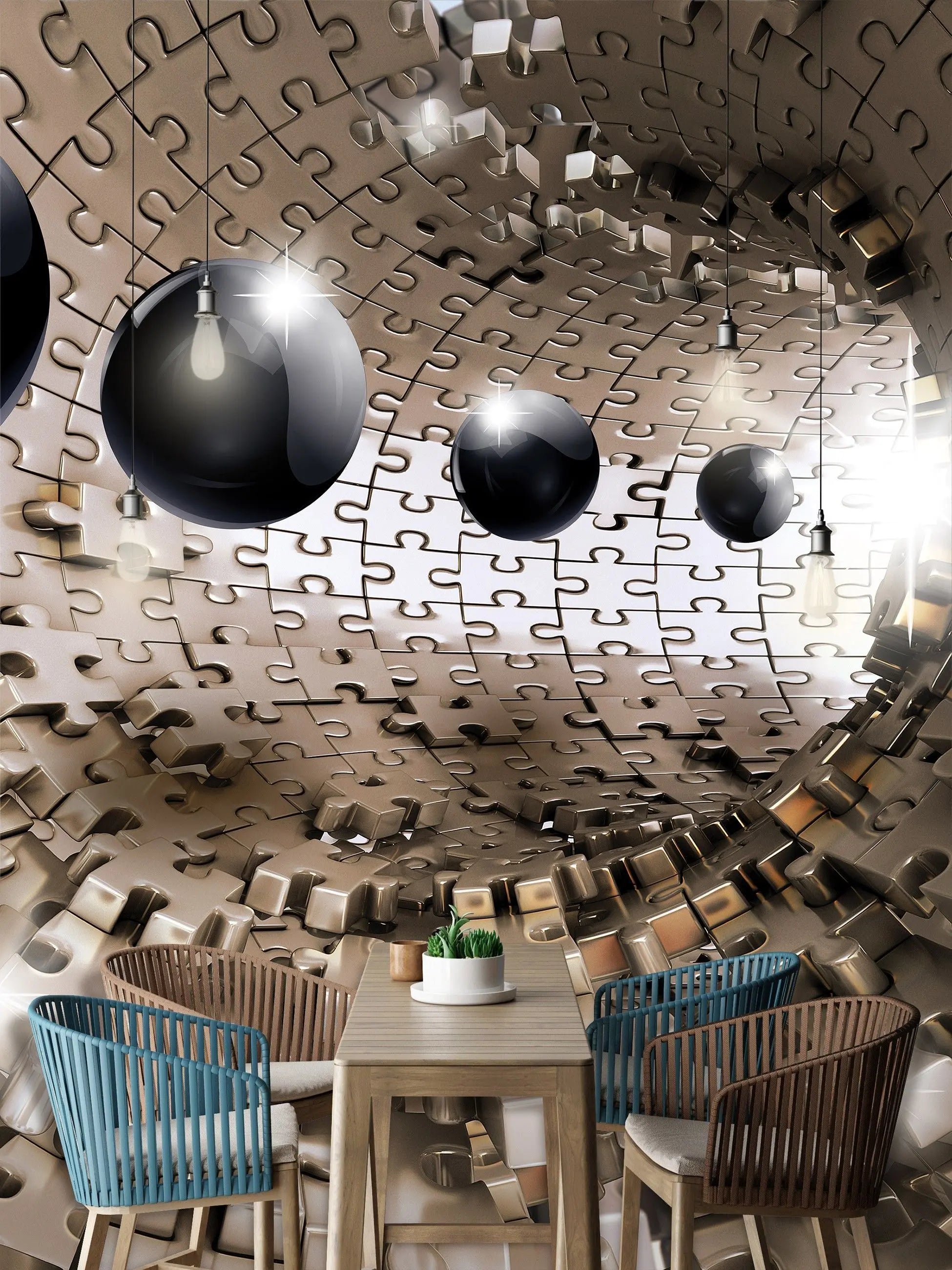 Billede 13 af Fototapet - Guldfarvet puslespilstunnel med sorte kugler