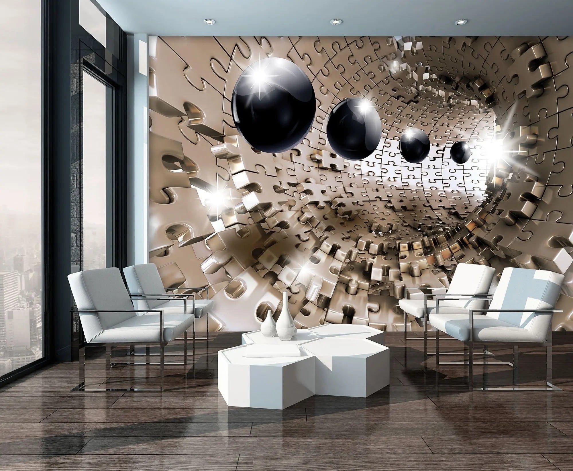 Billede 3 af Fototapet - Guldfarvet puslespilstunnel med sorte kugler