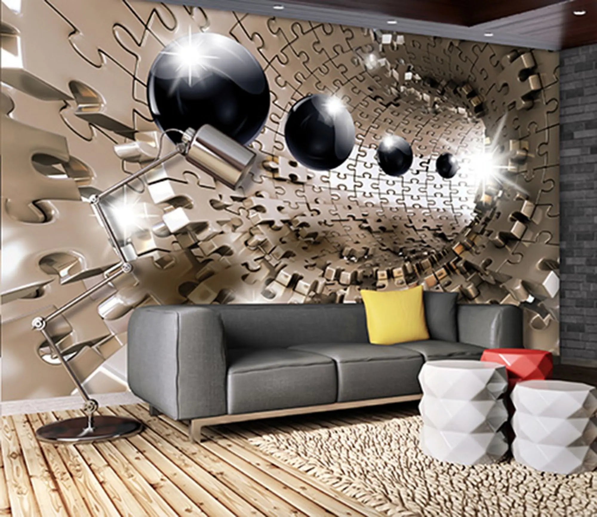 Billede 4 af Fototapet - Guldfarvet puslespilstunnel med sorte kugler